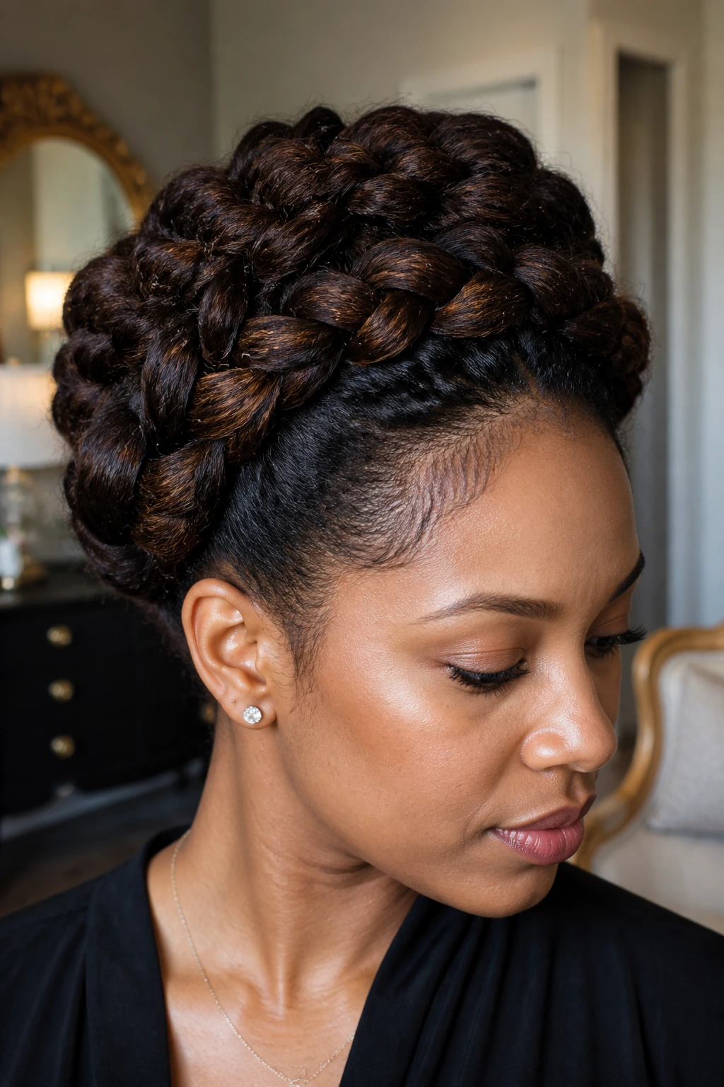 Real woman with crown braid updo featuring deep brown lowlights
