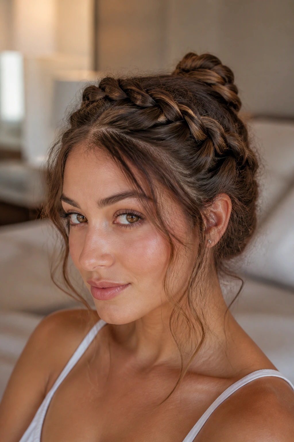 Close-up of a real woman with a crown braid showing variations and extensions
