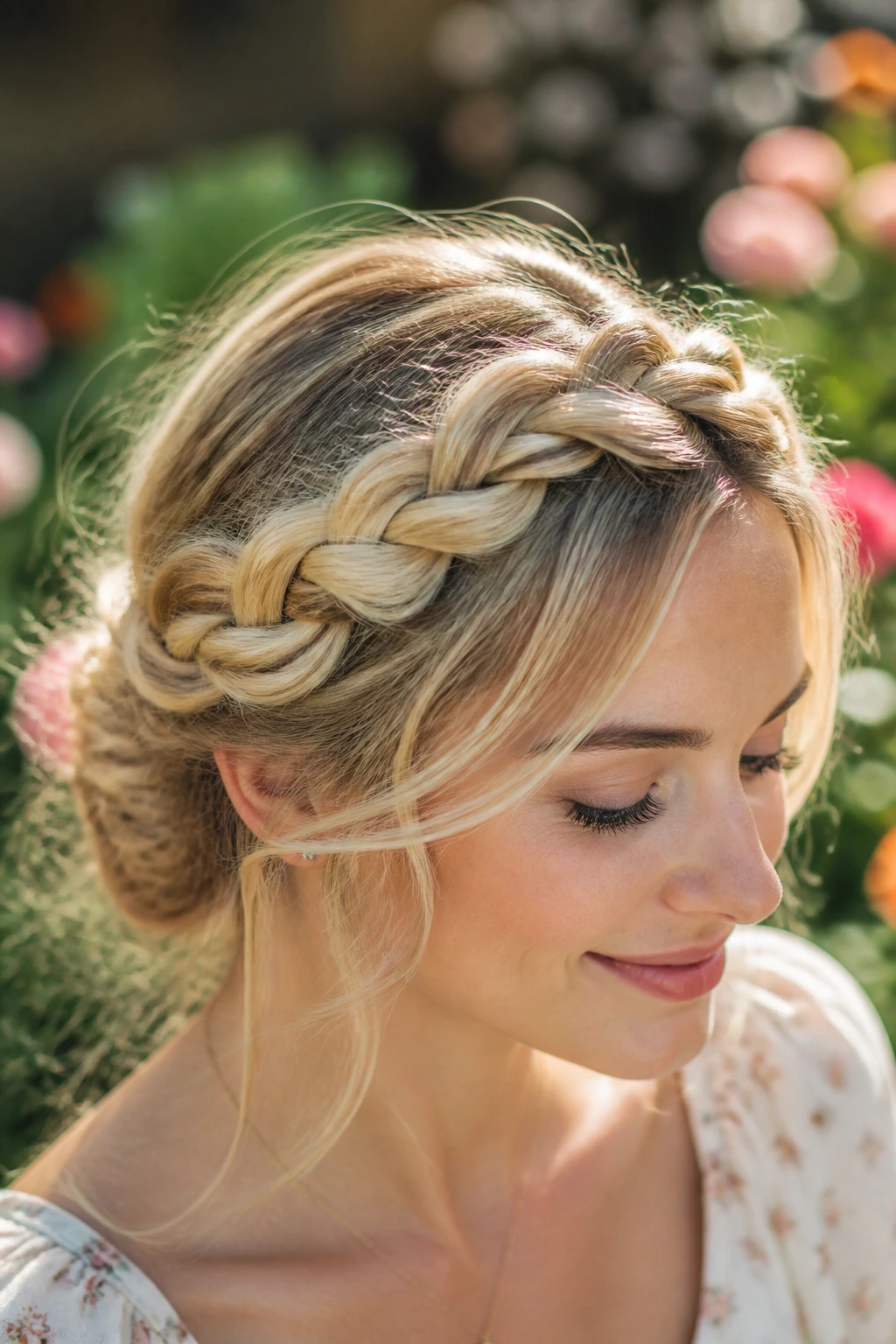 Close-up of real woman with crown braid and warm buttermilk highlights in sunlit setting