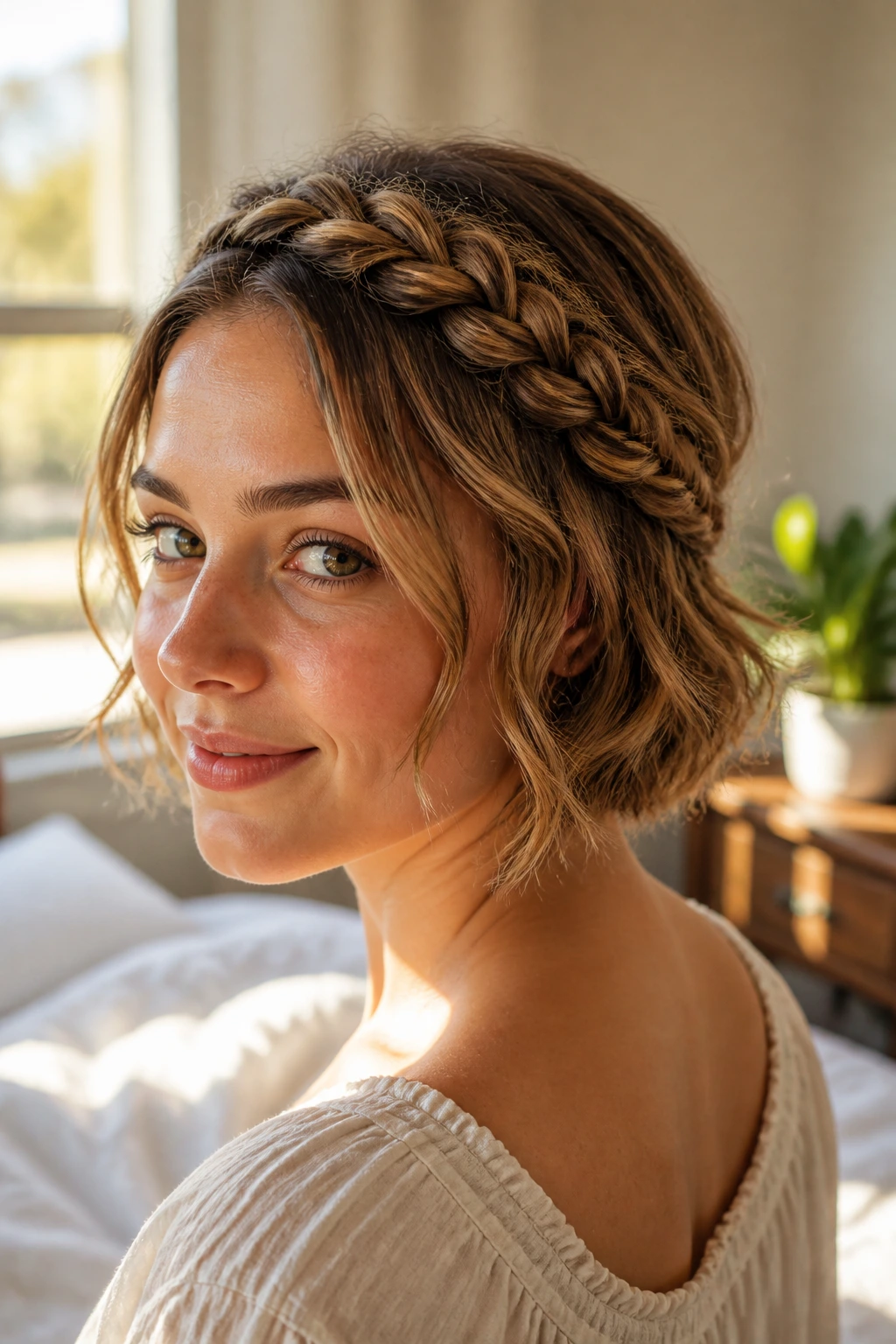 Close-up of crown braid on short wavy hair in warm window light