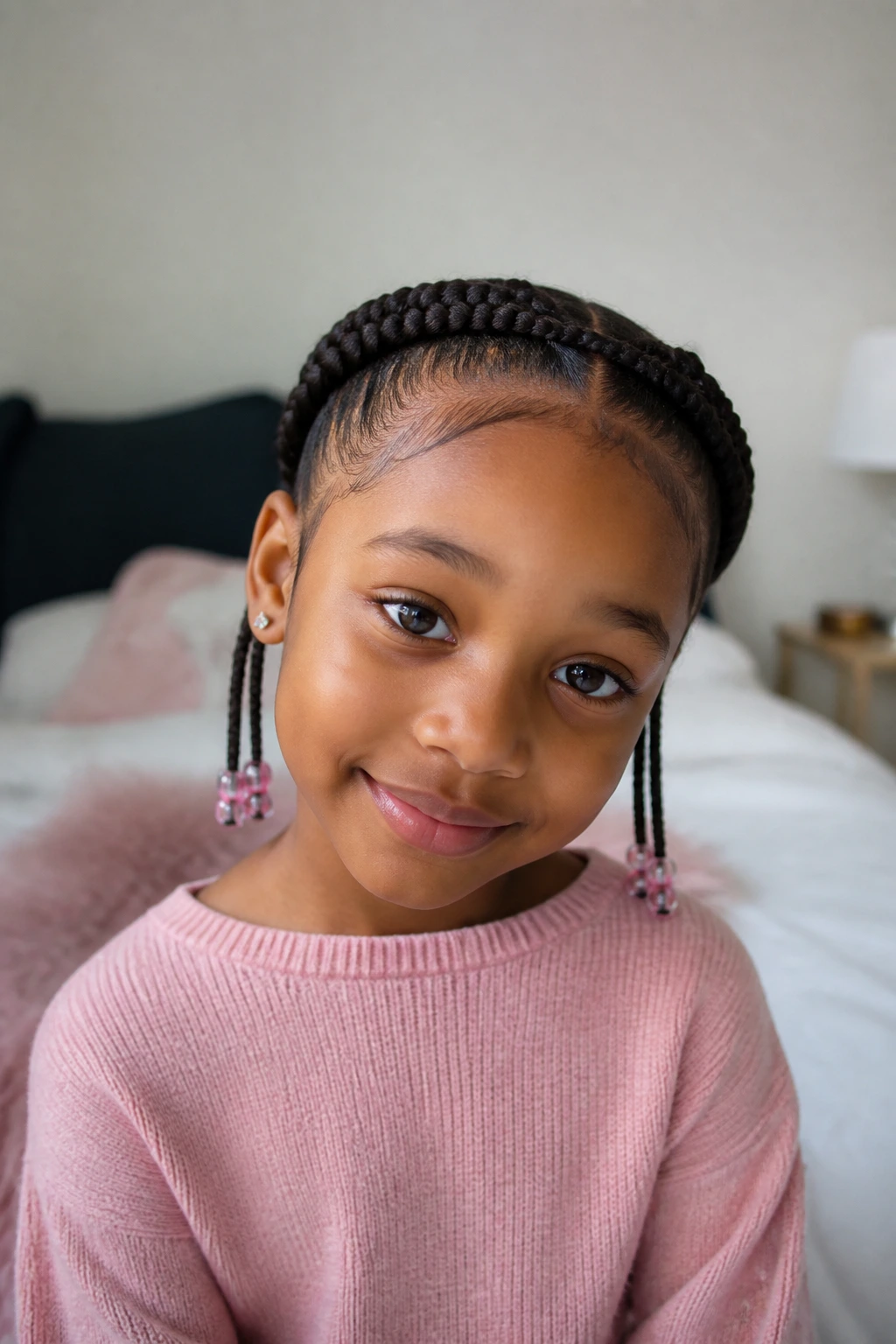 Child with double crown braids and beaded ends