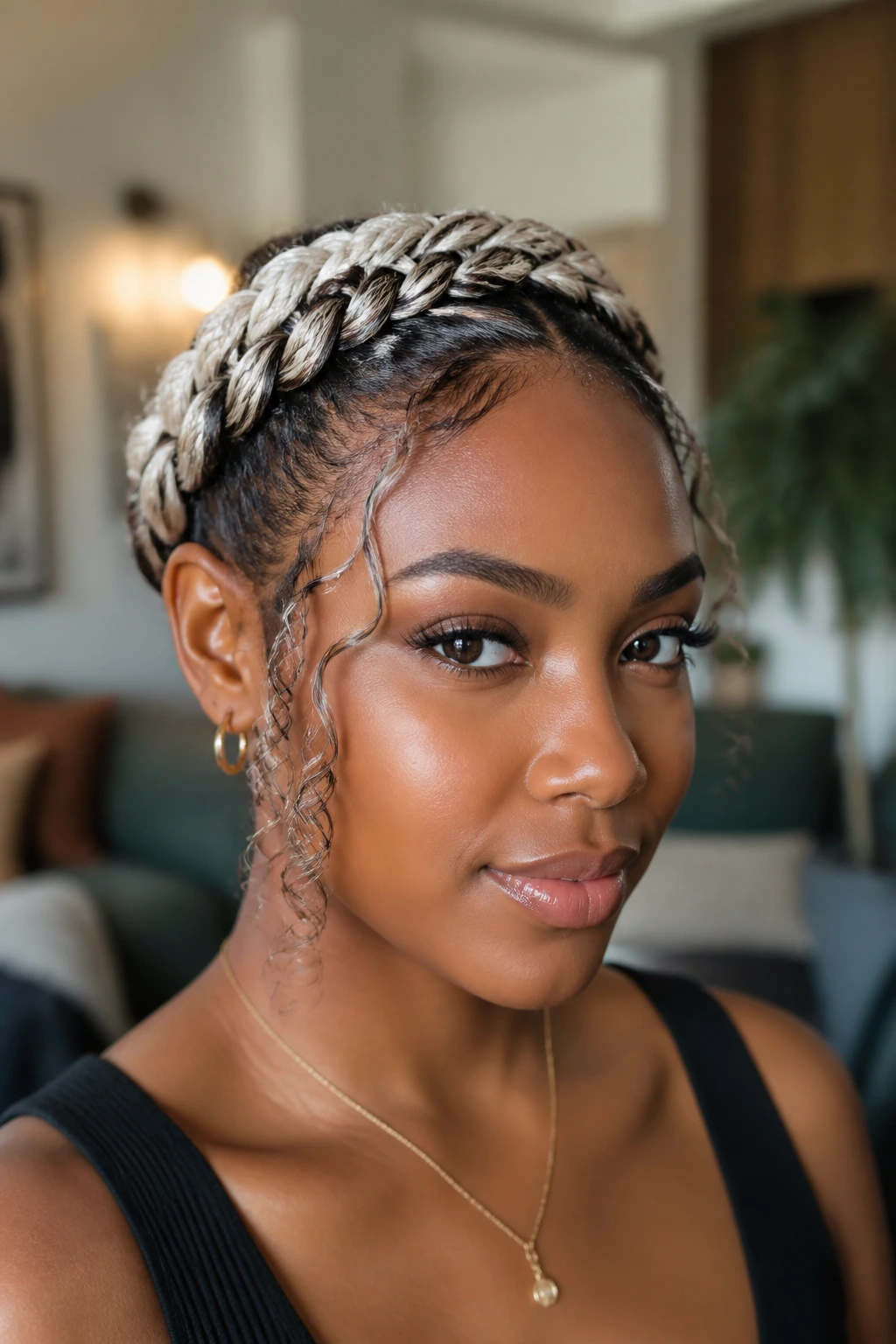 Close-up of a real person with crown braid and curled side pieces