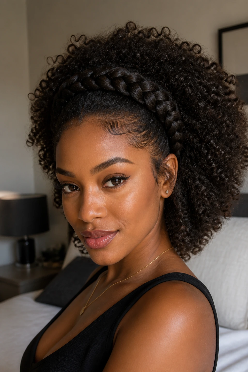 Close-up of crown braids with a wide curly halo on a real woman