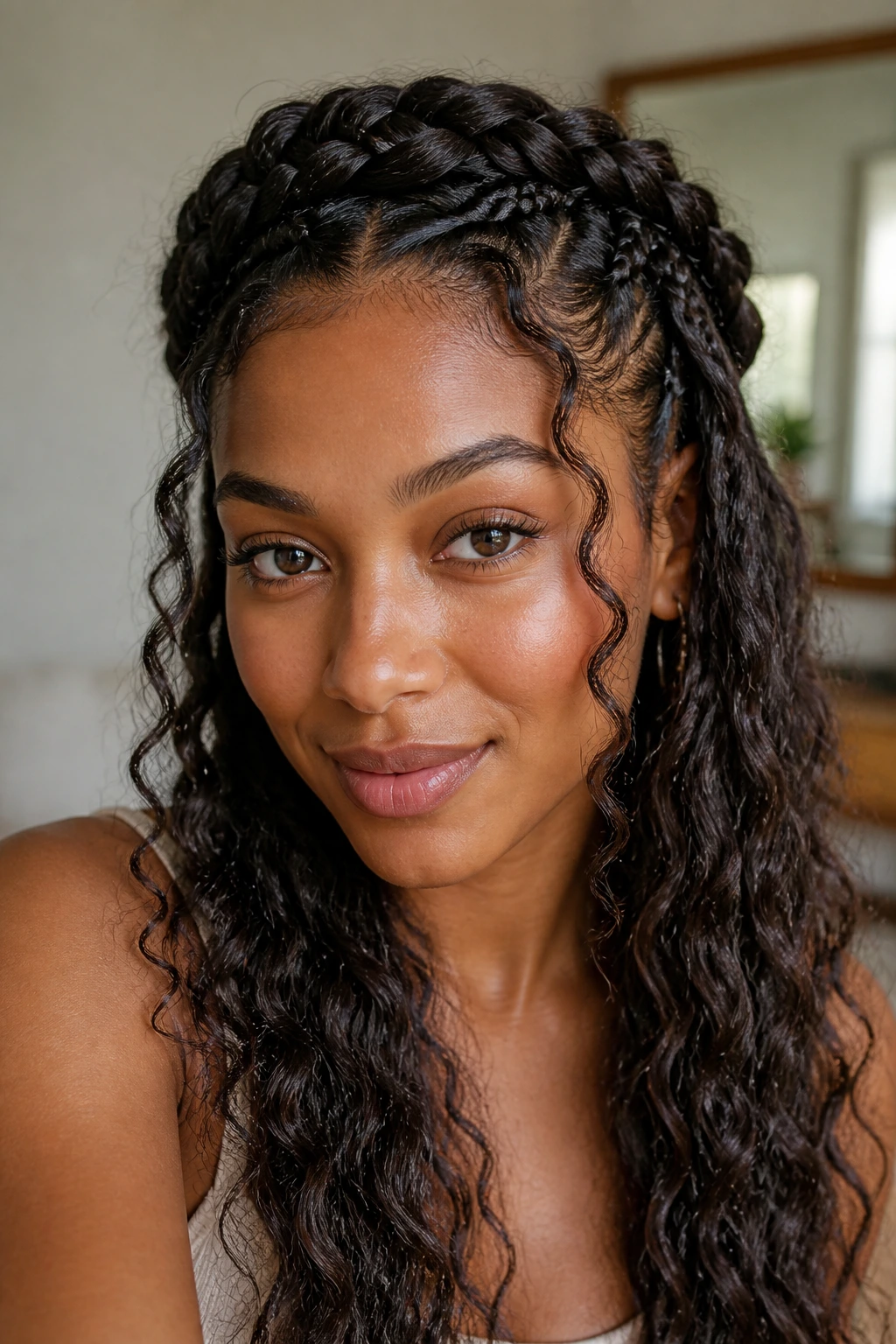 Close-up of a real woman with crown boho braids and face-framing waves