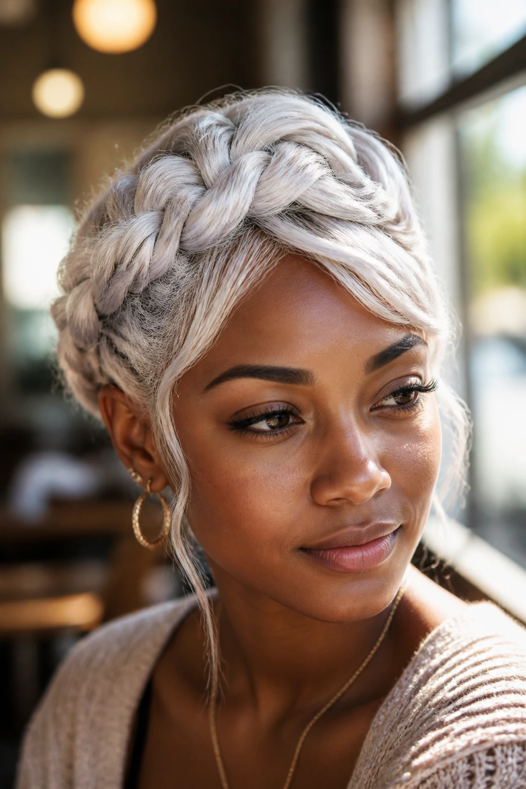 Real woman with crown braids and loose tendrils, soft side-swept bang in natural light