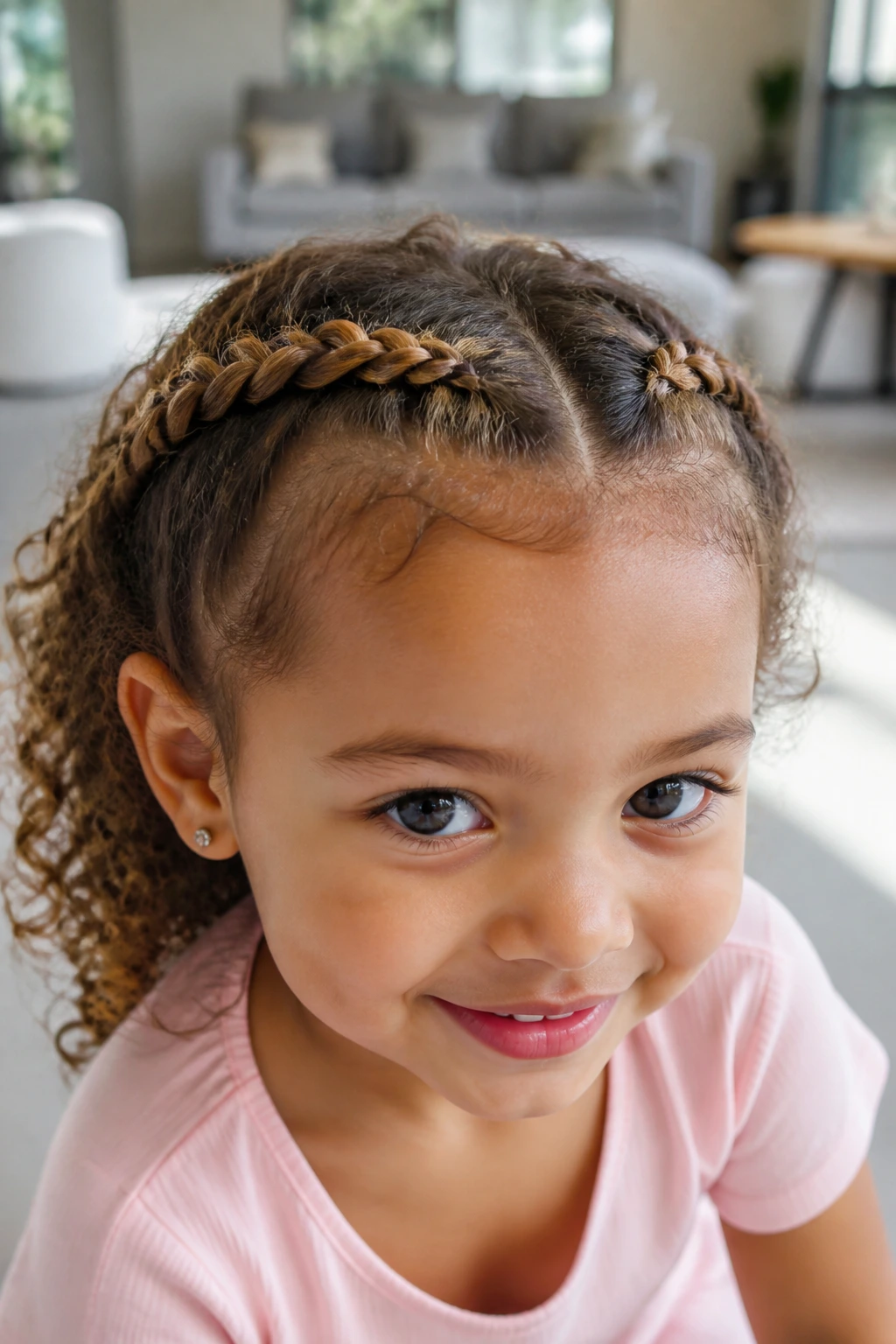 Toddler with crown braids around head, curls framed