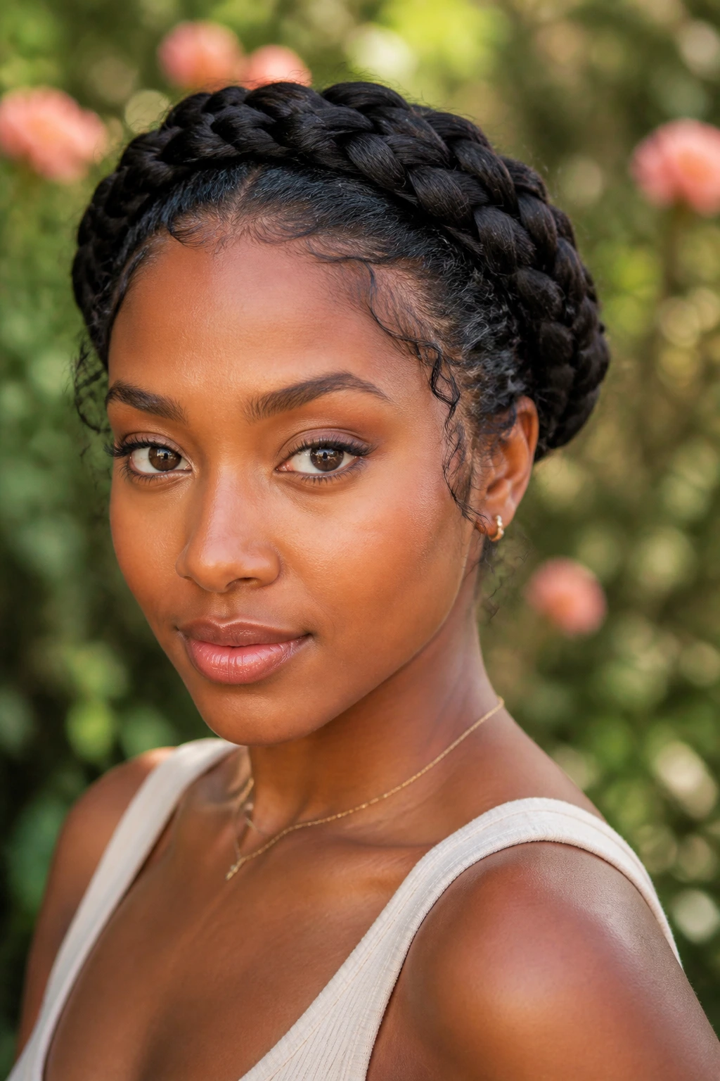 Close-up of a real woman wearing a crown braid with tucked ends around her head.