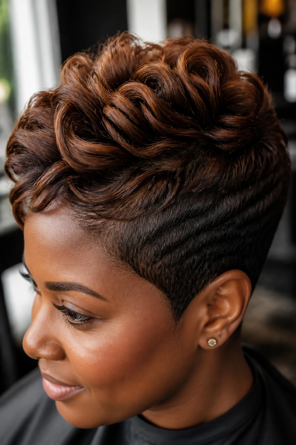 Portrait of real person with crown-bright chestnut highlights on a tapered cut