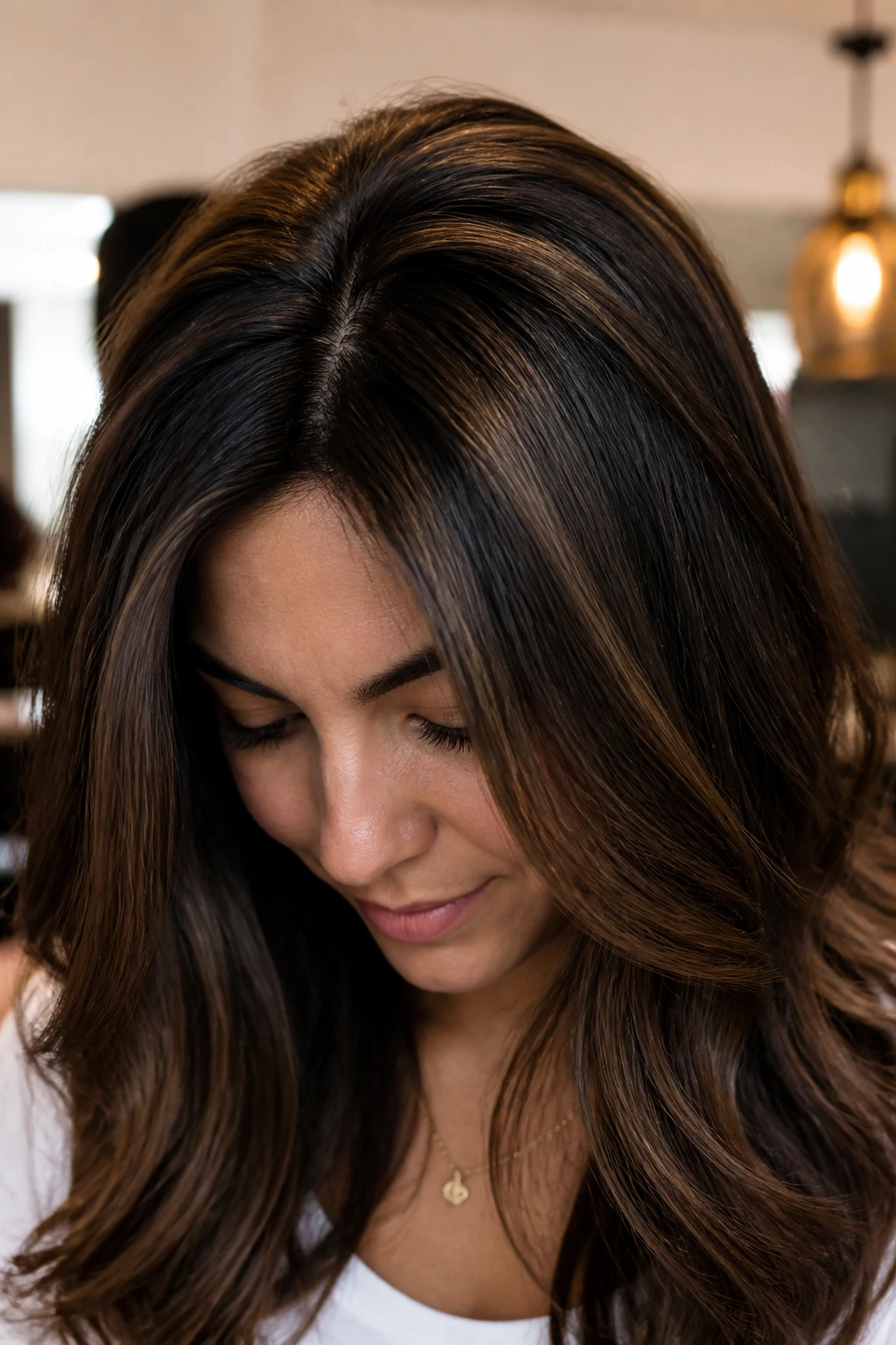 Portrait of a woman with caramel highlights around the crown area.