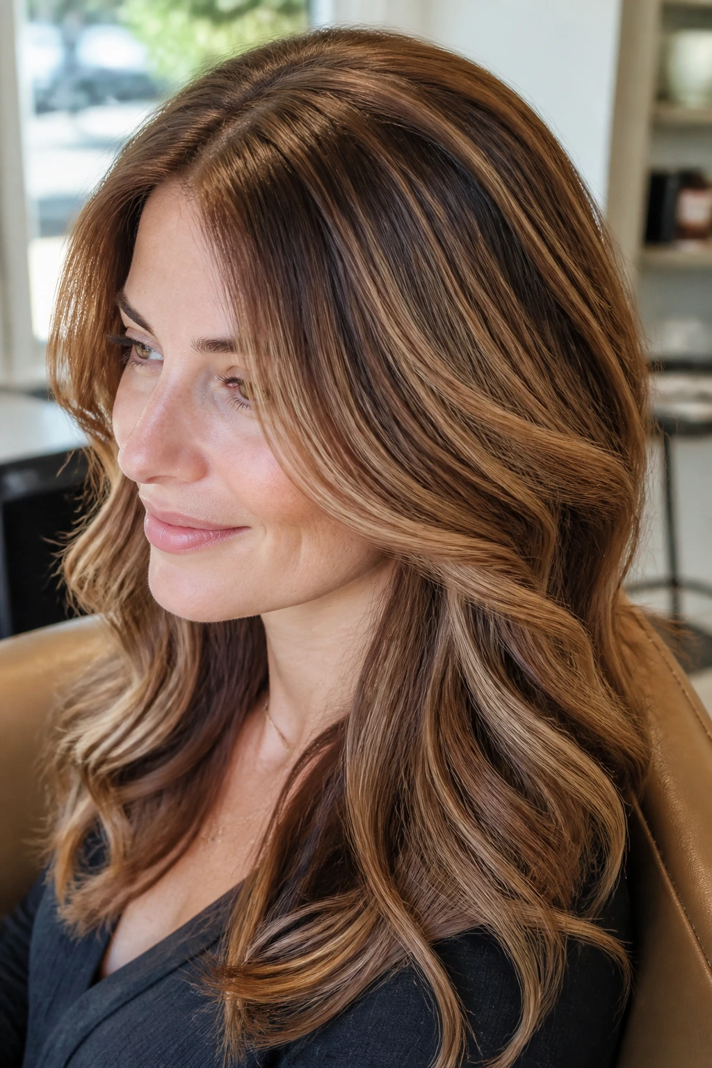 Close-up portrait showing crown-curved chestnut highlights around the head.