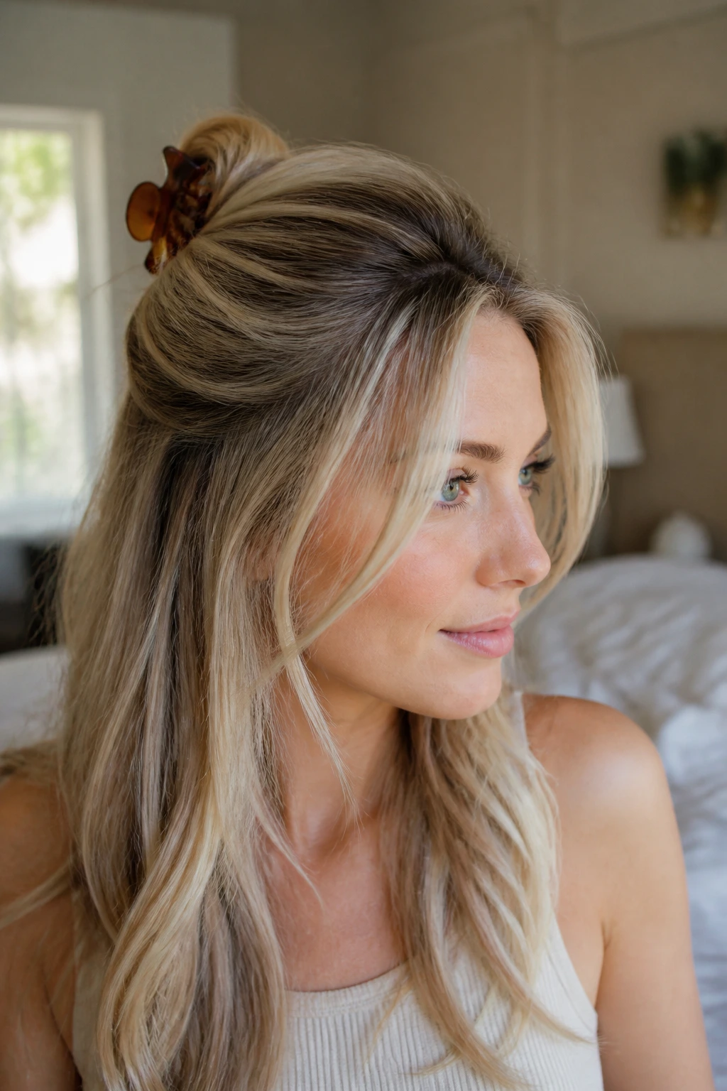 Close-up of a real woman with crown-clip lift at the crown for second-day hair in warm bedroom light
