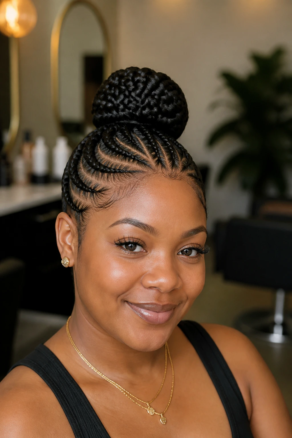 Medium close-up of a real person with crown cornrows leading to a bun.