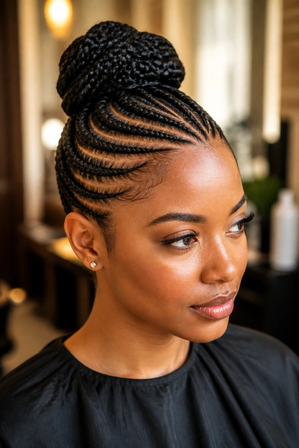 Close-up portrait of crown cornrows forming a rounded high bun on a real woman with square face