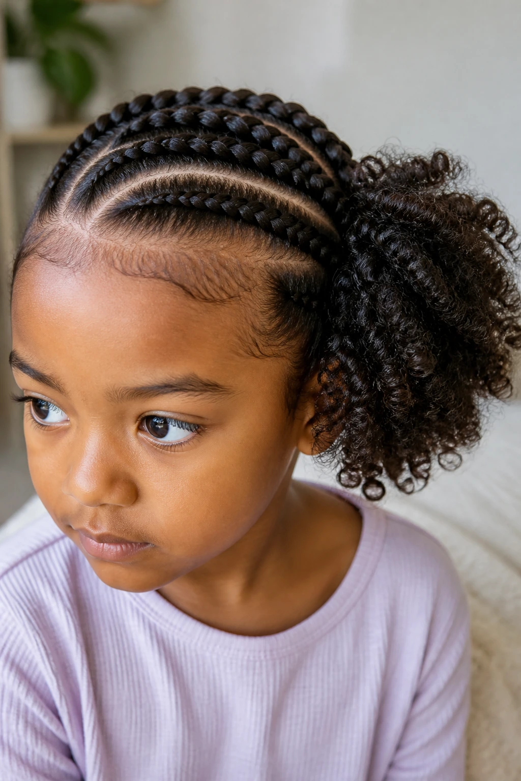 Close-up of real child with crown cornrows forming a side puff
