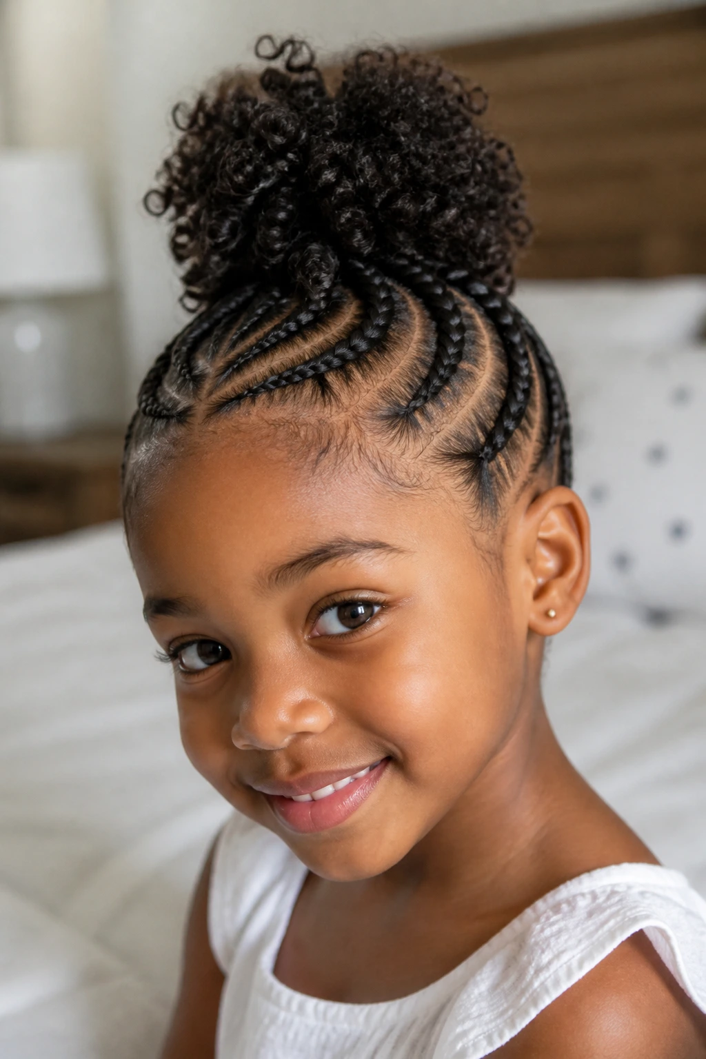 Child with crown cornrows gathered into a puff