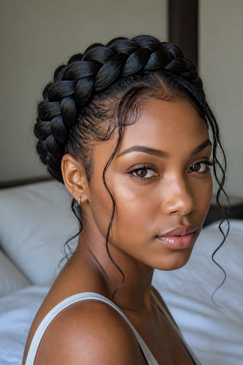 Close-up of crown Dutch braid with curved front pieces.