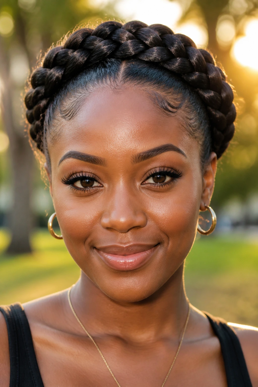 Close-up of a real person with a crown halo Dutch braid around the head
