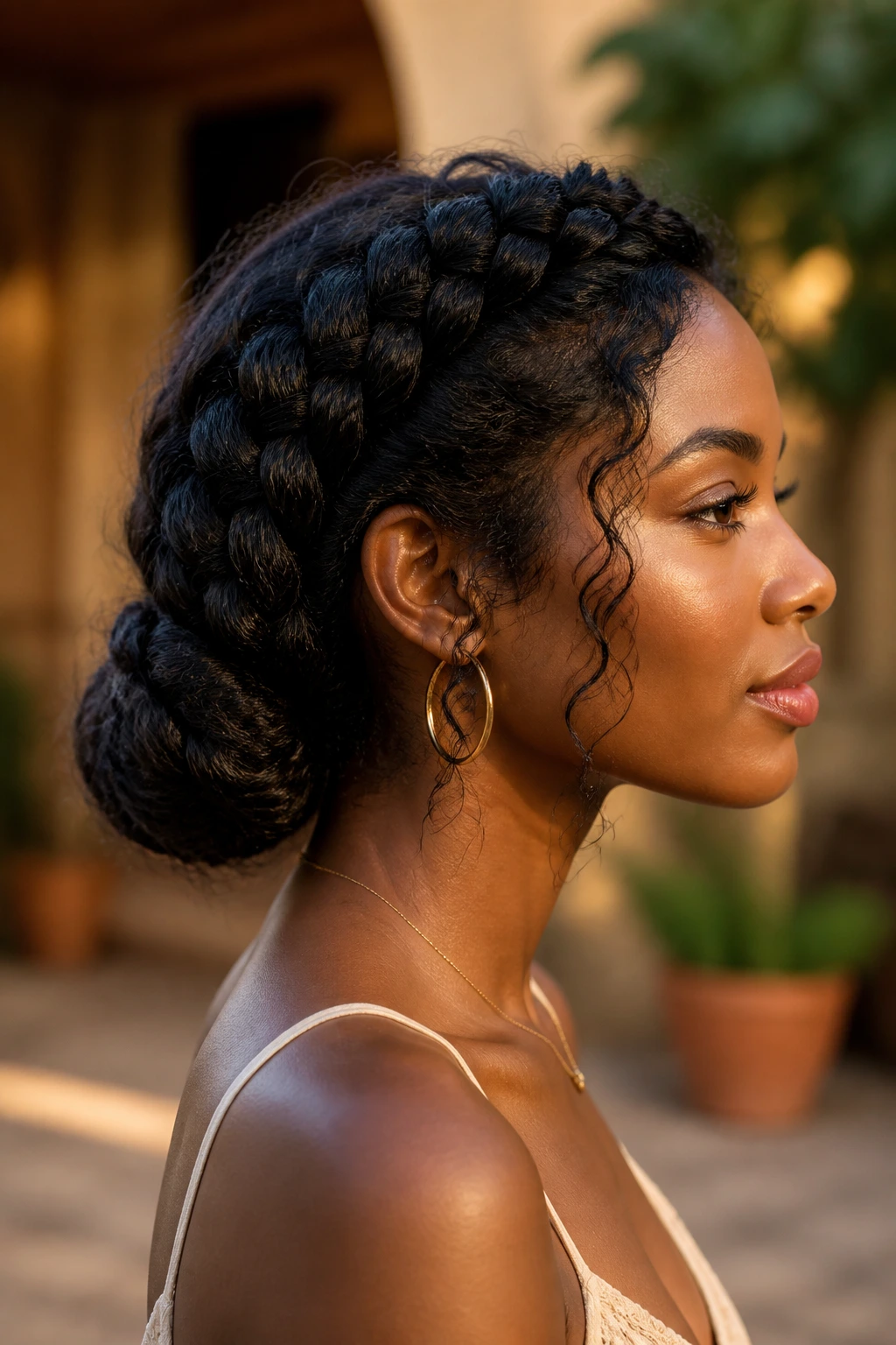 Side-profile of a real woman with crown folded into tucked bun