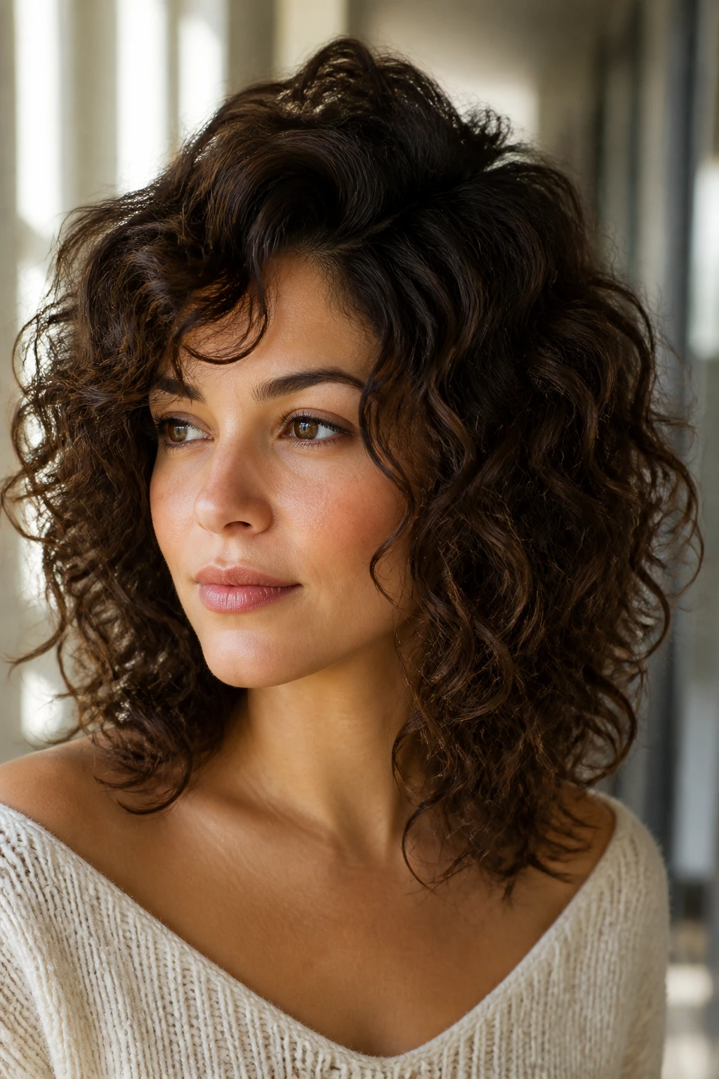 Close-up of a woman with crown-forward volume hairstyle