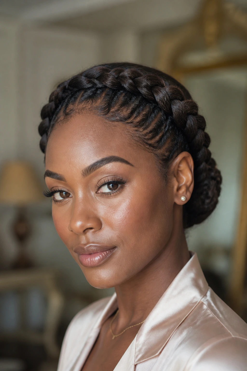 Close-up of a crown-style braid around the head with a bun at the back