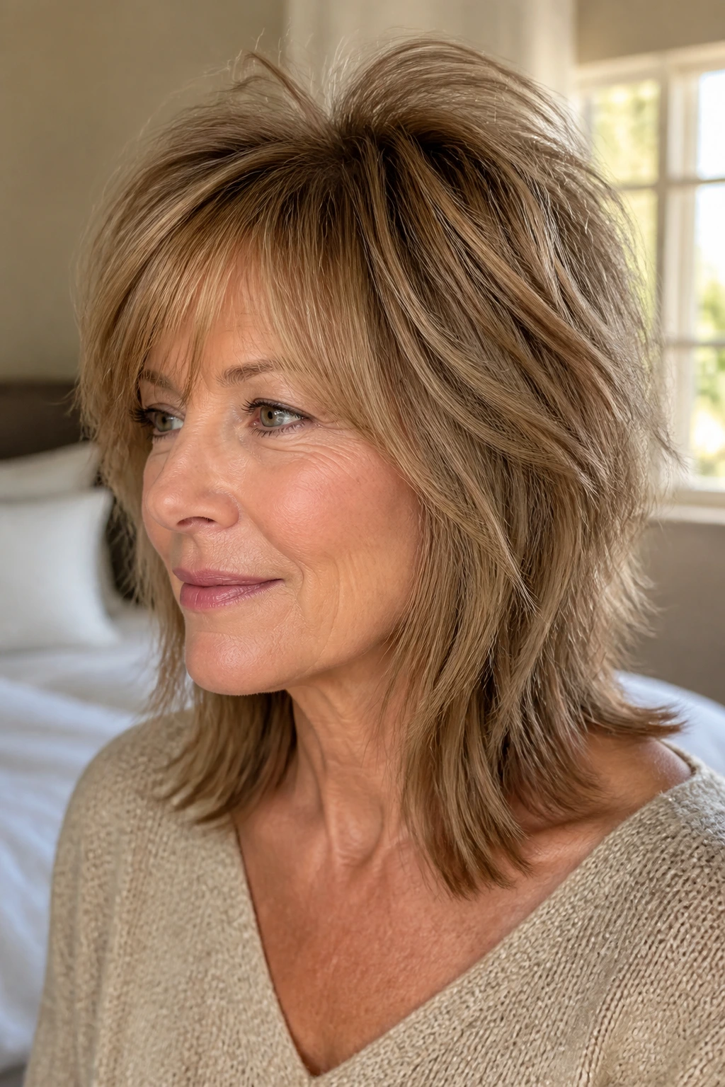 Close-up portrait of a real woman with shag cut showing crown lift, soft fringe, and strong ends.