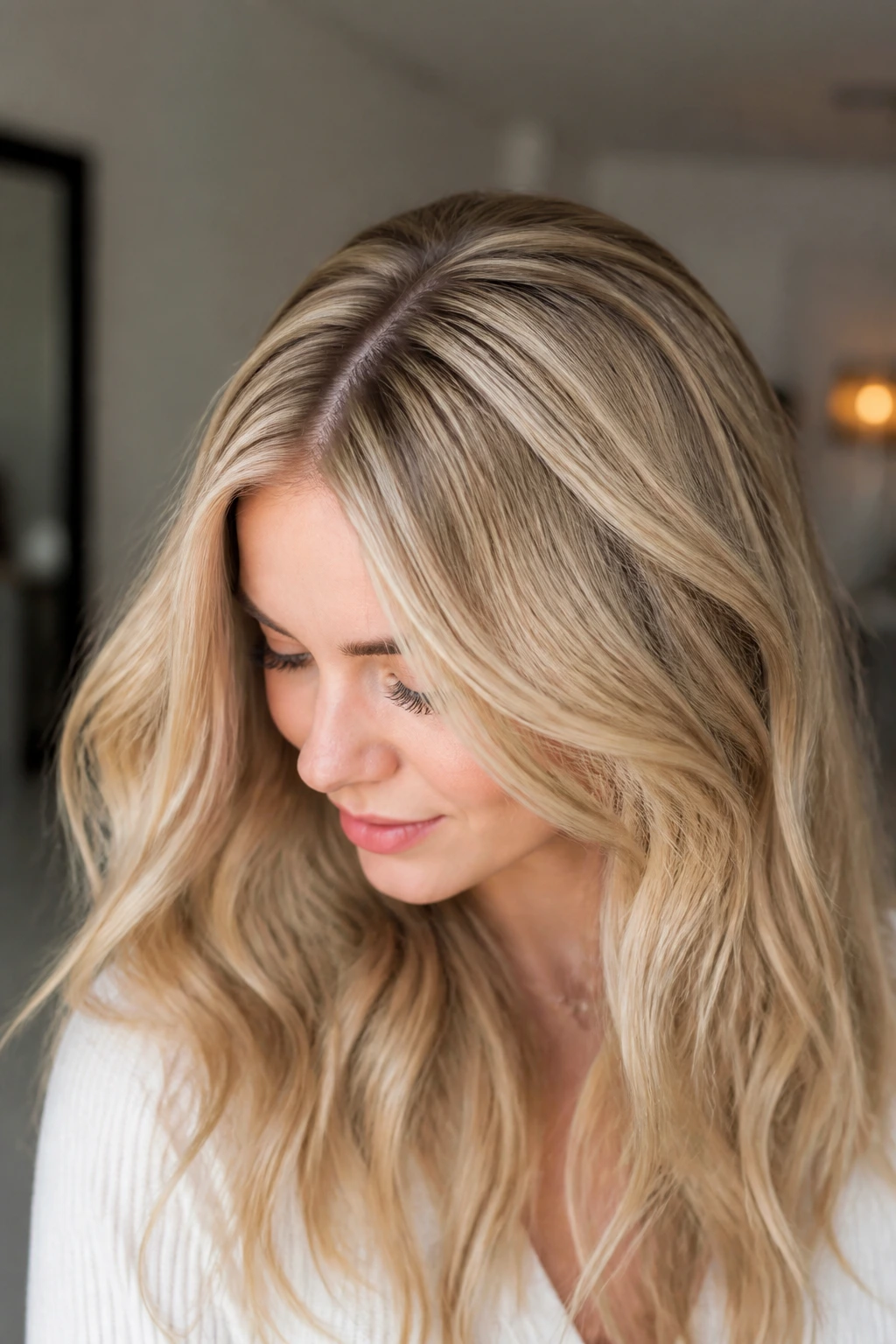 Crown halo lights concentrated at crown on a real person with wavy hair