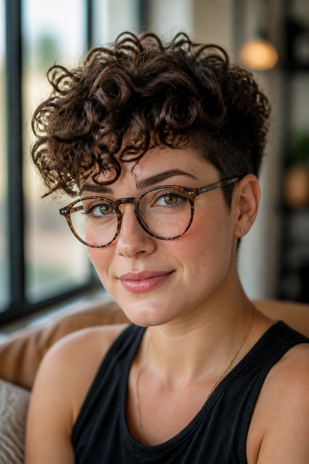 Portrait of a person with a crown-heavy curly cut and slimmer sides.