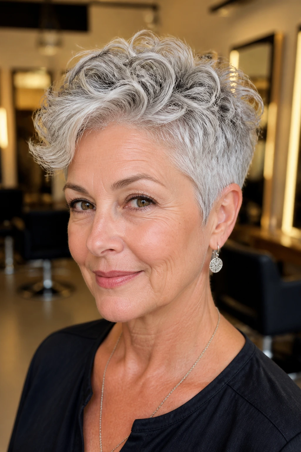 Close-up of a real woman with crown-heavy pixie for flat roots and silver hair in a warm salon