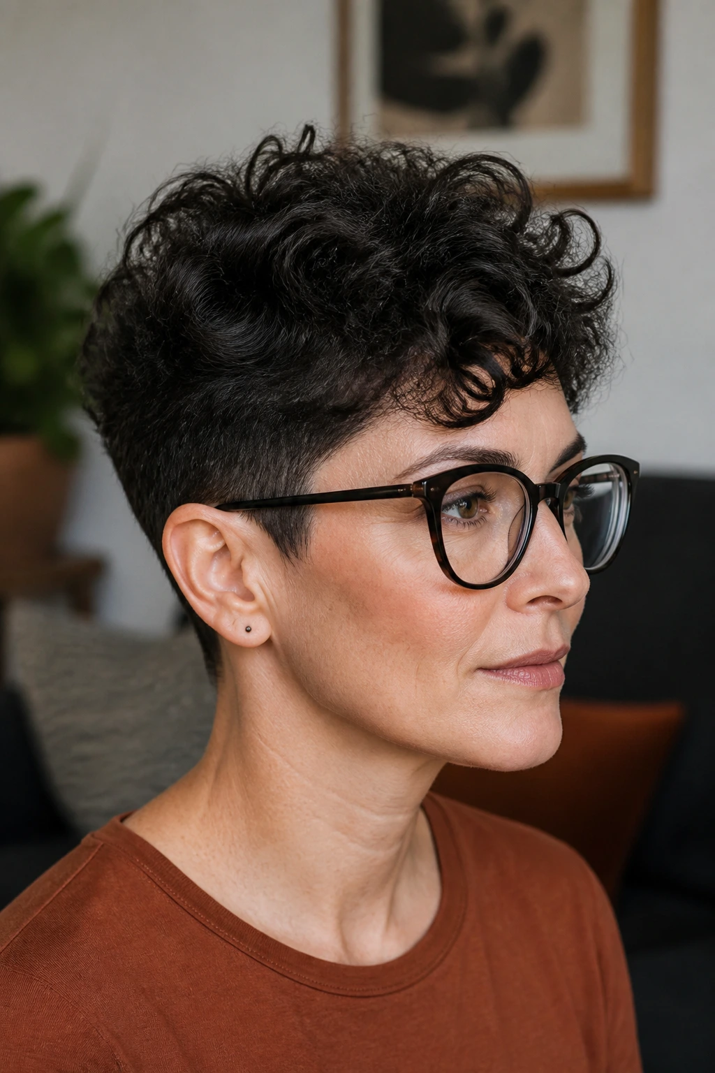 Portrait of a real person with crown-heavy long pixie and tapered sides, height at crown