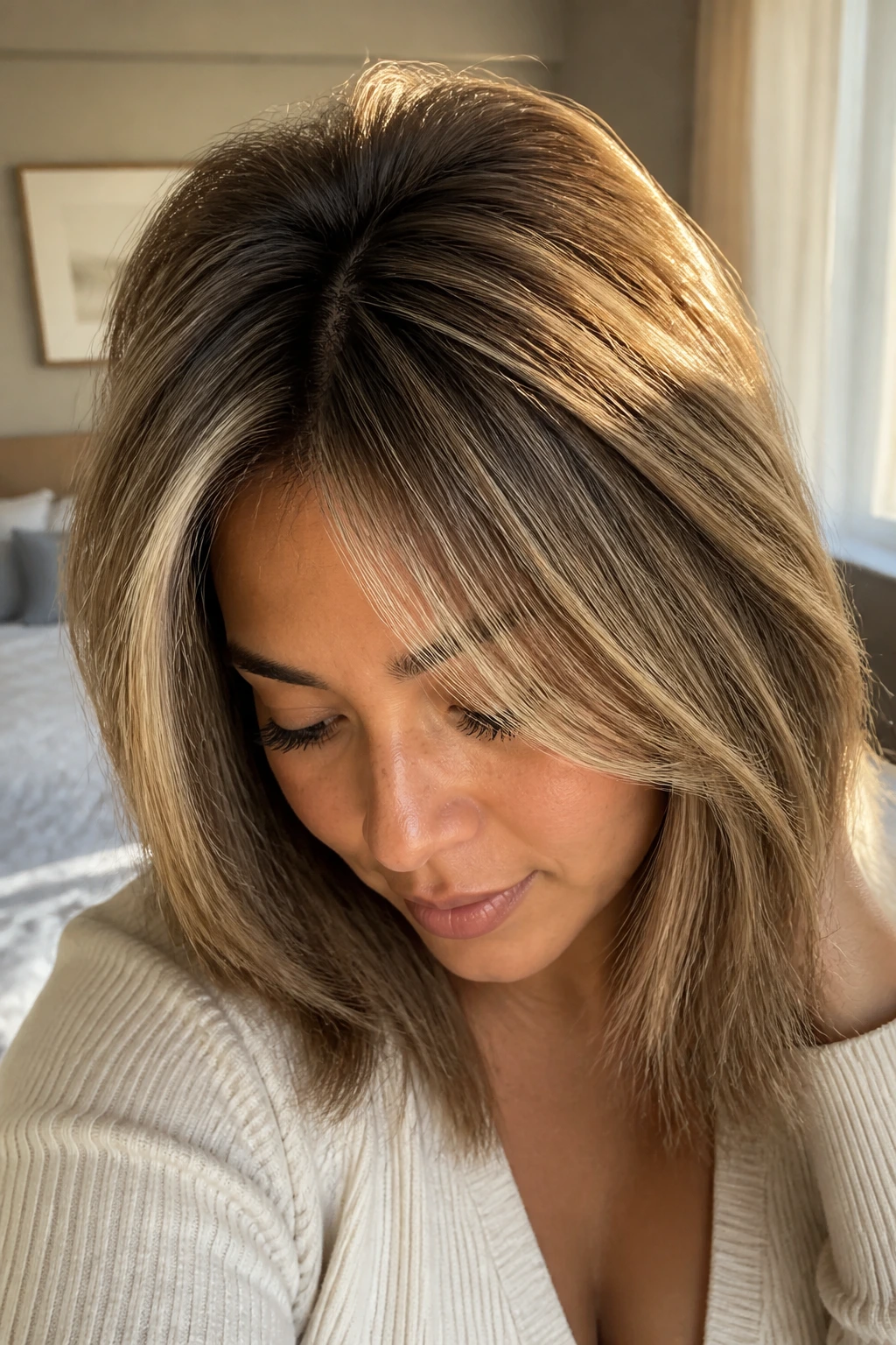 Close-up of crown highlights on fine hair with lifted crown and subtle root shadow