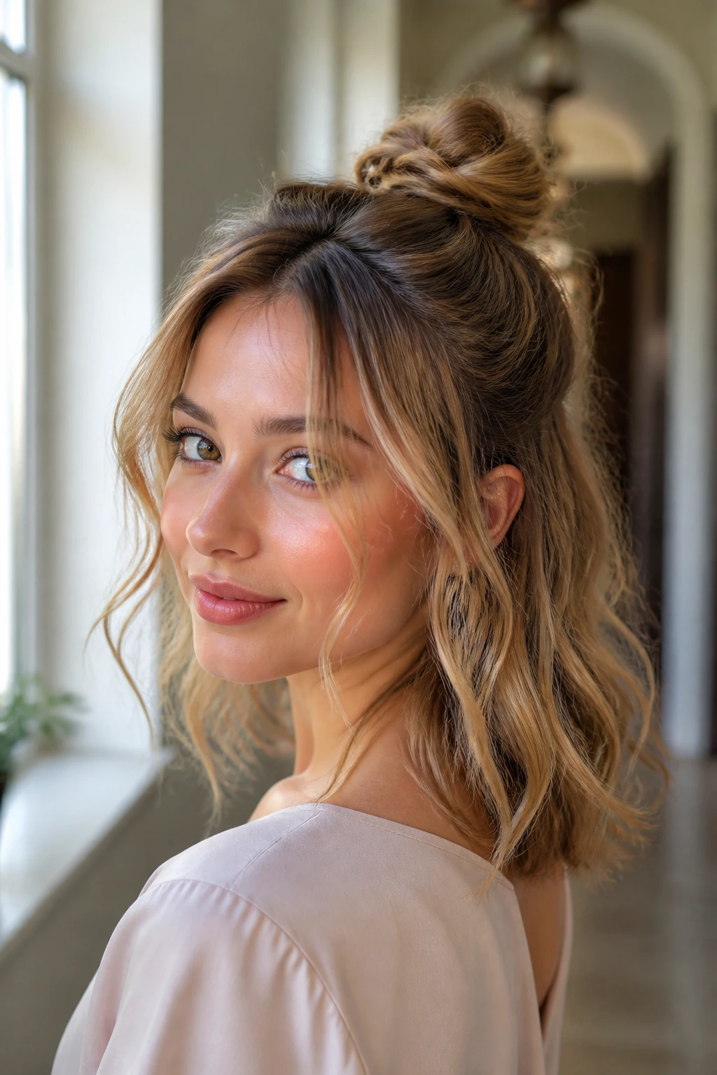 Close-up of a real woman wearing a crown knot half-up with soft facial framing