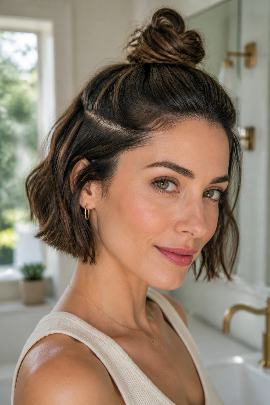 Close-up of crown knot mini bun on a short bob, high crown placement.
