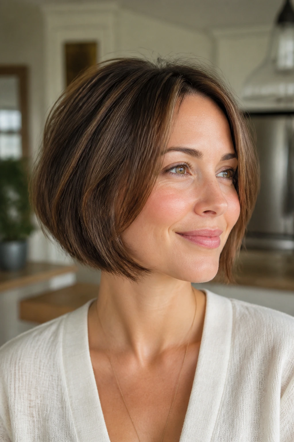 Real woman with crown-layered bob featuring lifted crown and dense lower edge.