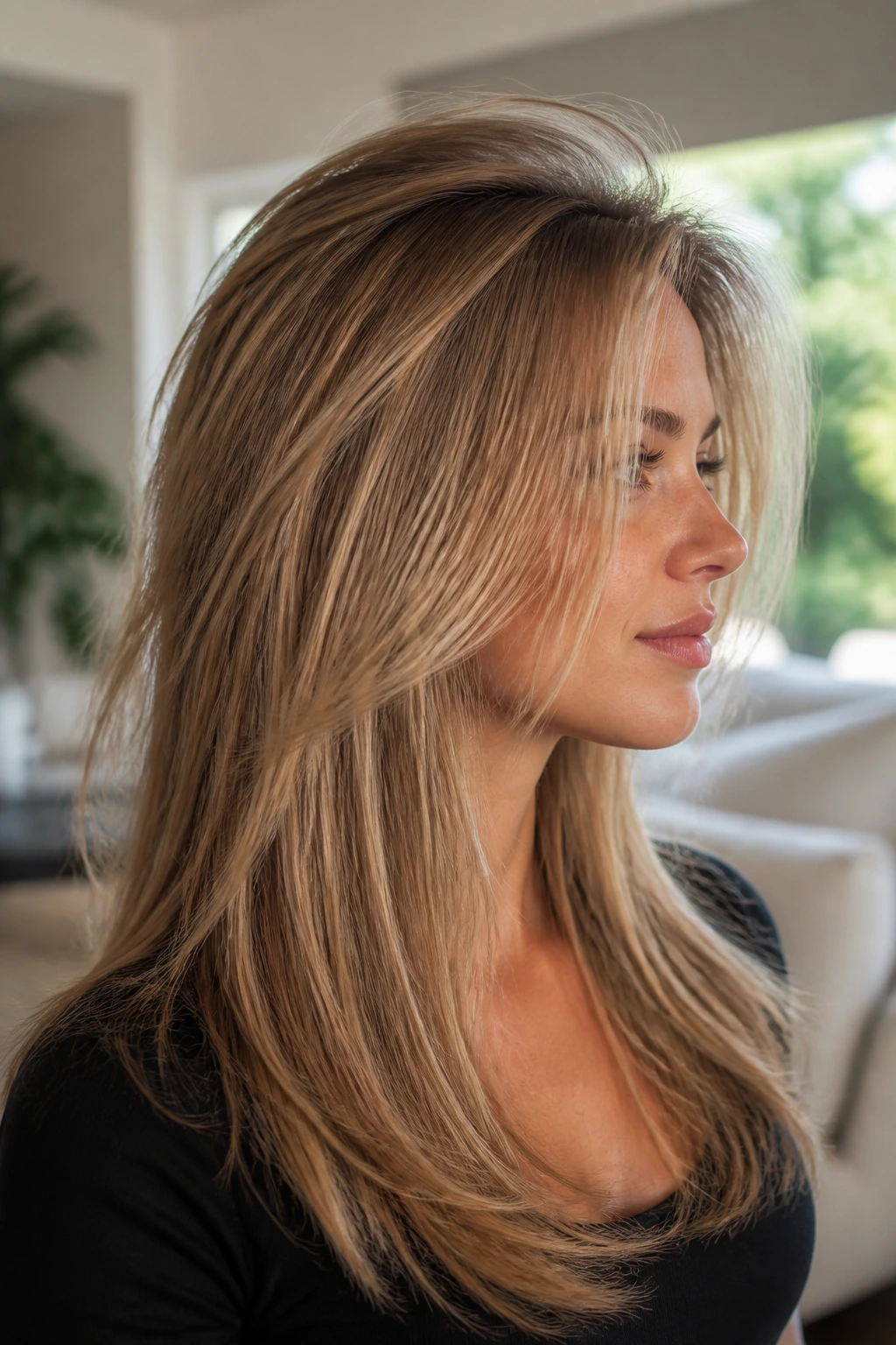 Profile of woman with crown layers lifting the hair at the crown