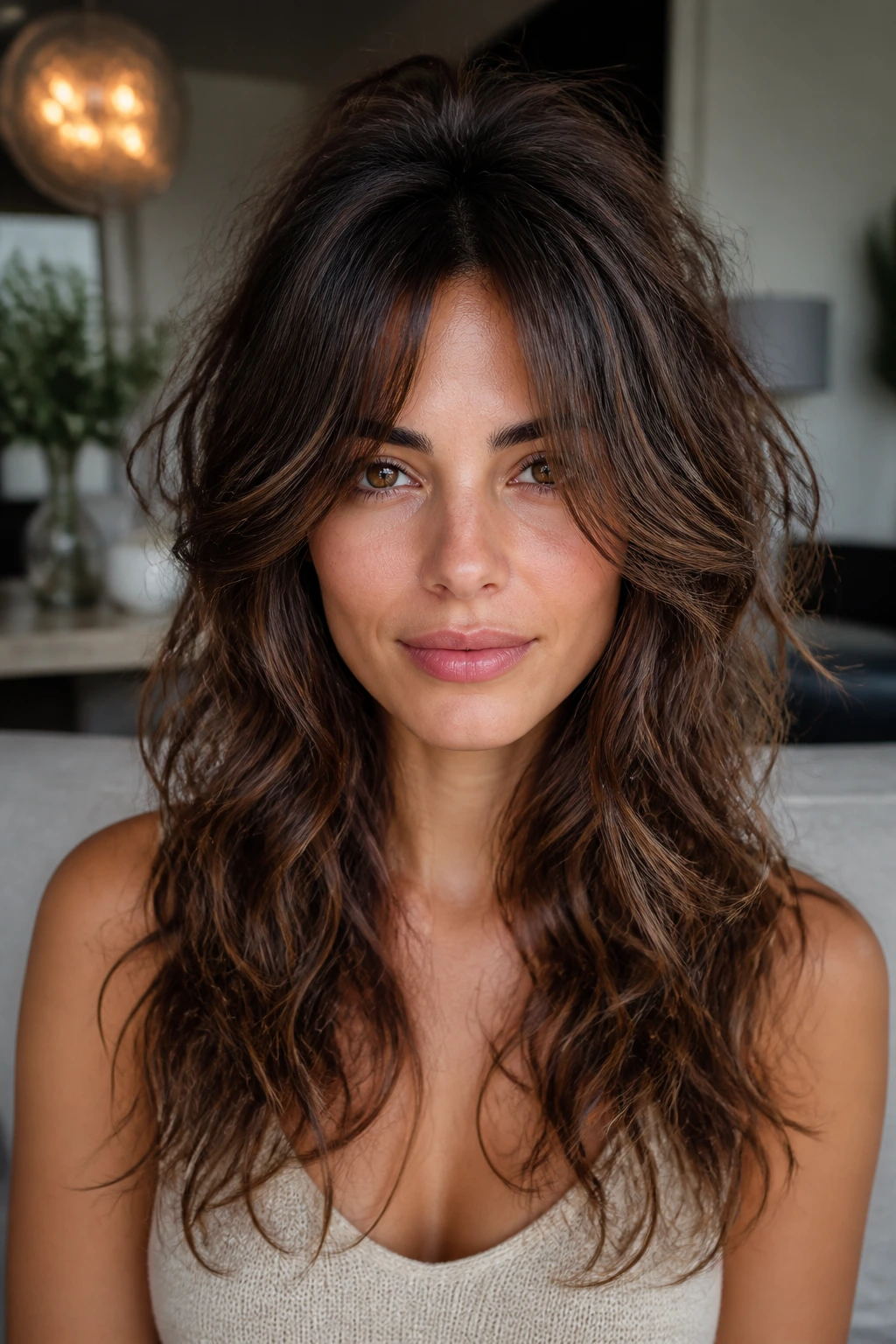 Real woman with crown layers lifting the crown and longer hair below, in a cozy room