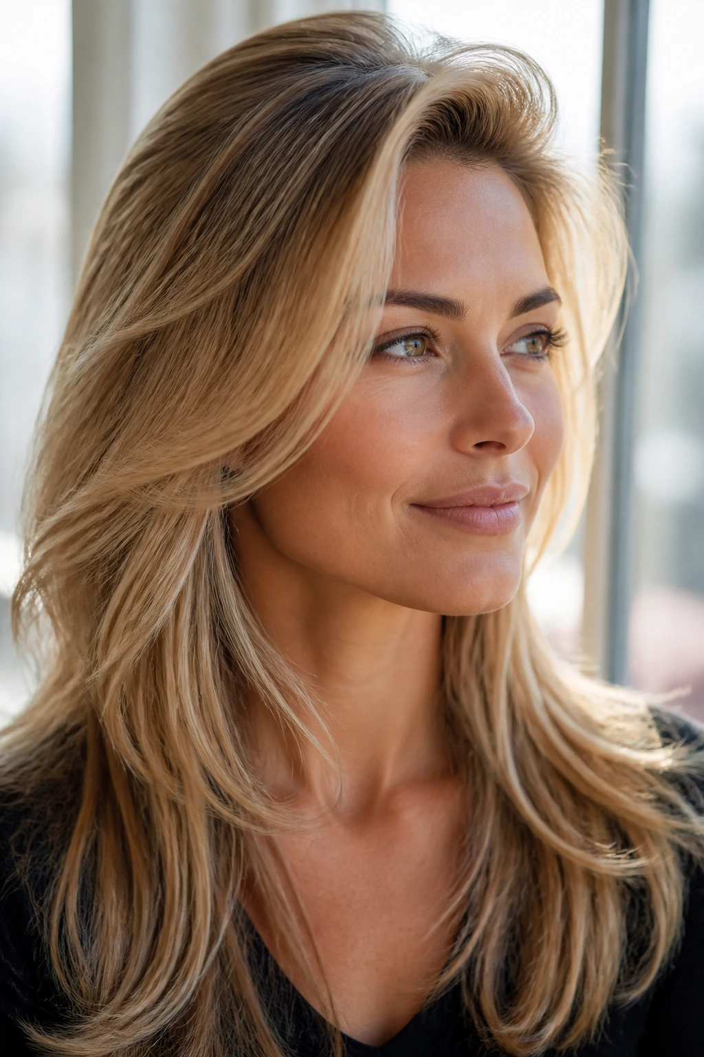Close-up portrait of a real woman with swept-back crown layers and lifted crown.