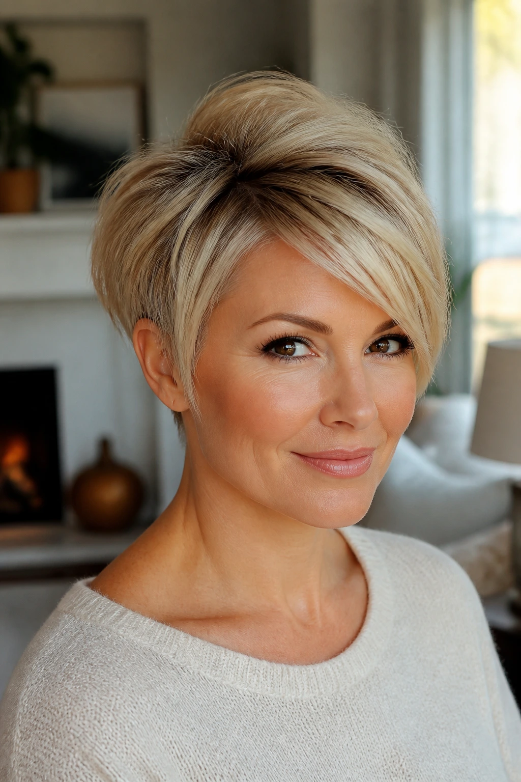 Close-up of a blonde woman with crown-lift hairstyle showing elongation