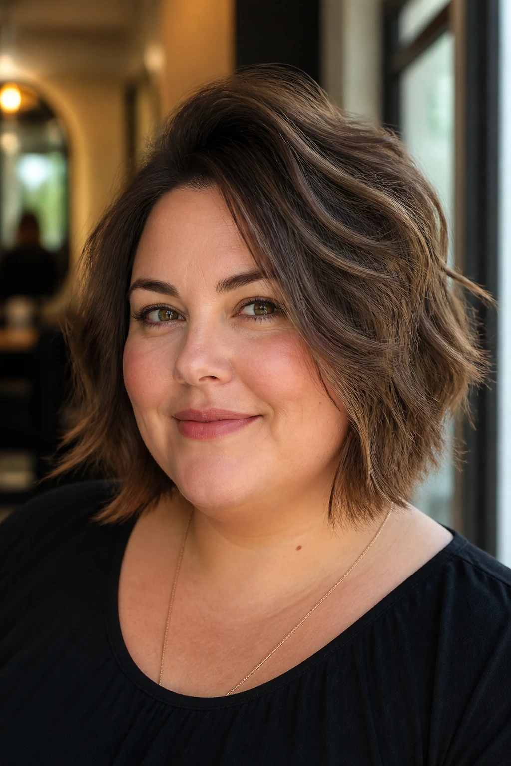 Close-up portrait of a real woman with crown-lift bob and crown volume