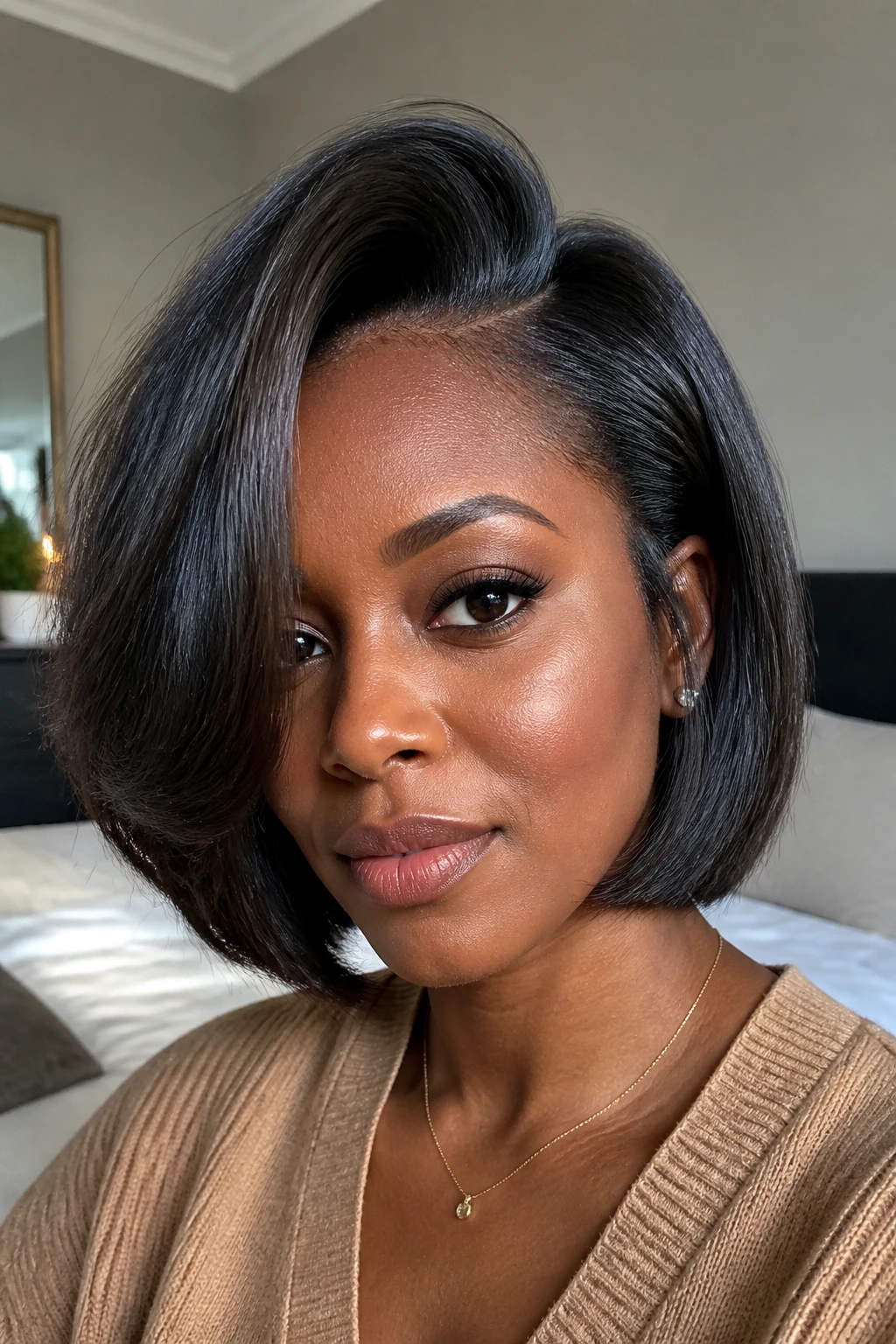 Close-up of a real woman with crown-lift side-part bob and lifted crown