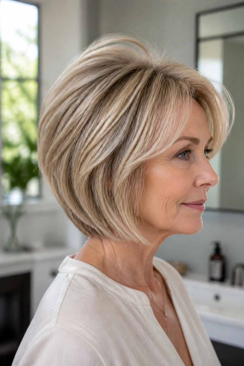 Close-up of a real woman with crown-lift bob showing lifted crown in natural light