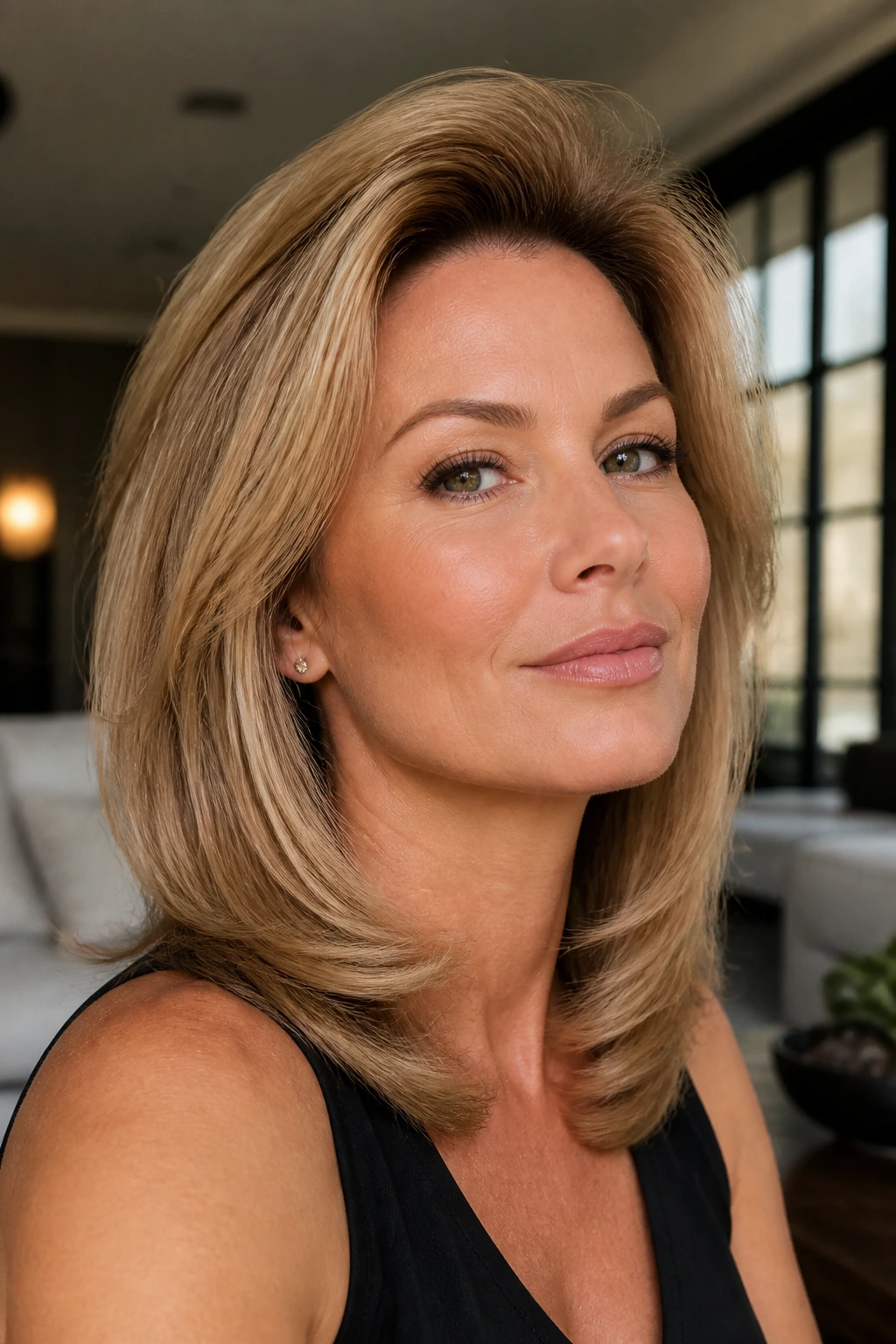 Portrait of a woman with crown-lift bombshell volume hairstyle