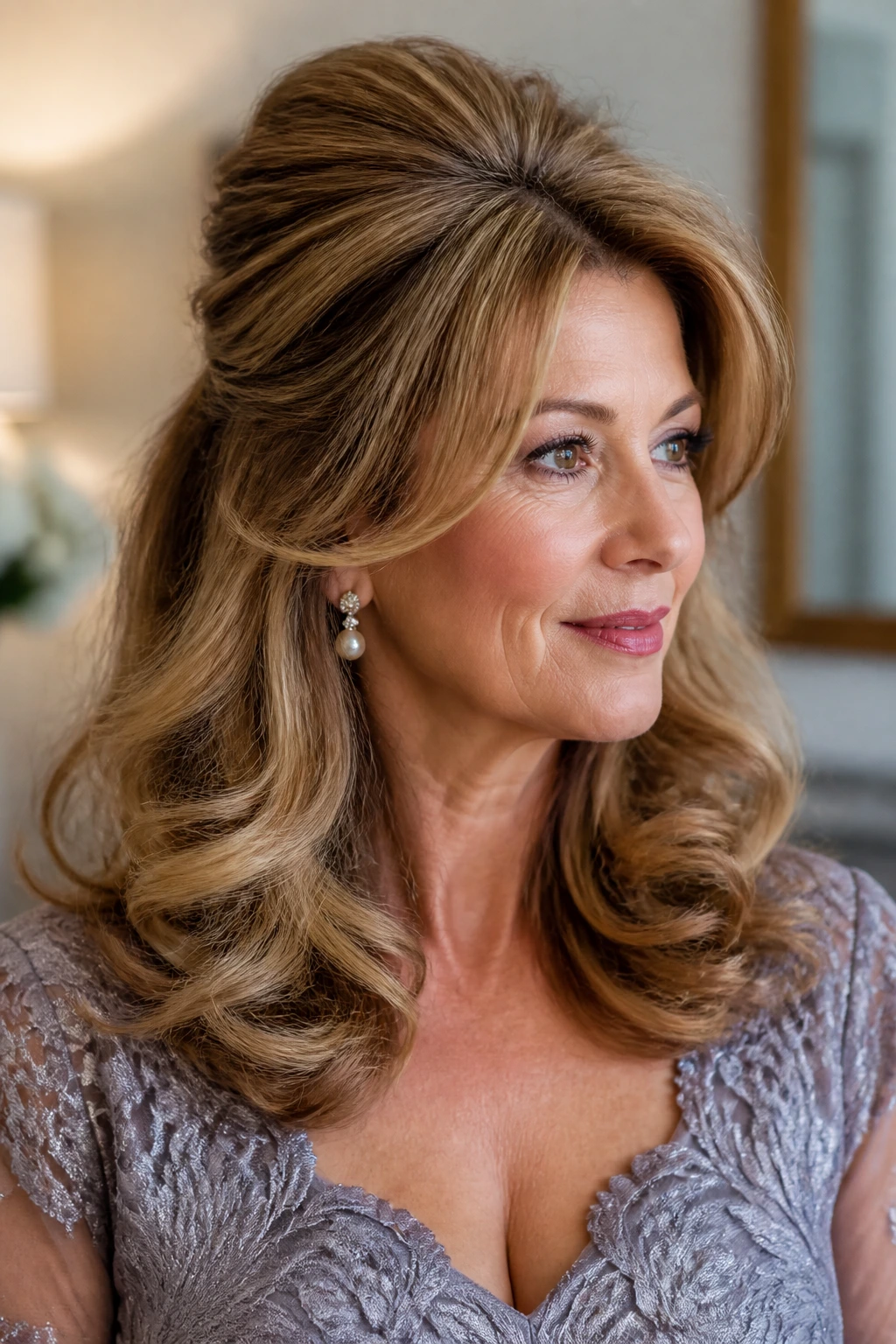 Close-up of a real woman with crown lift and brushed-out curls