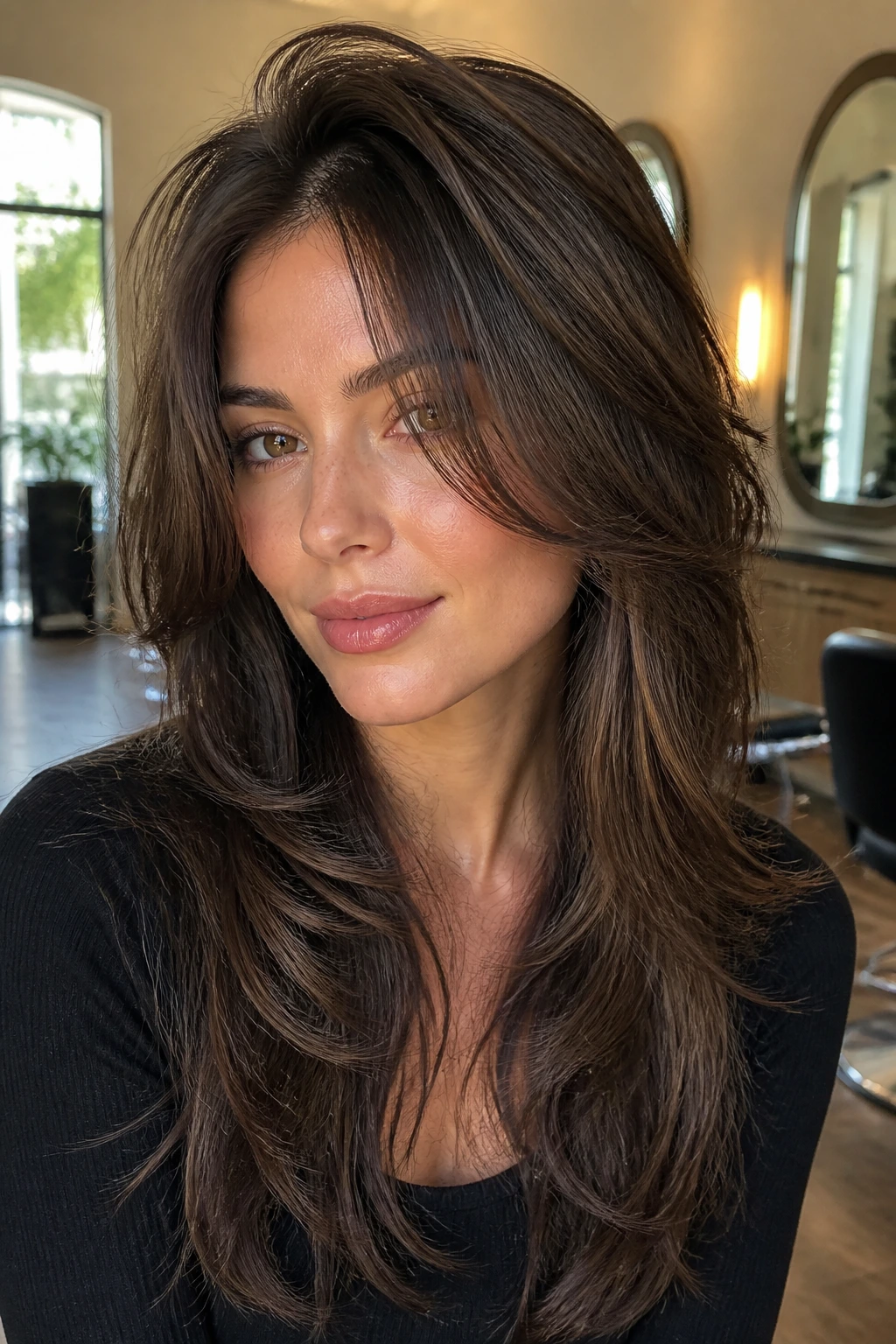 Close-up of a real woman with crown-lift butterfly layers and soft face framing.