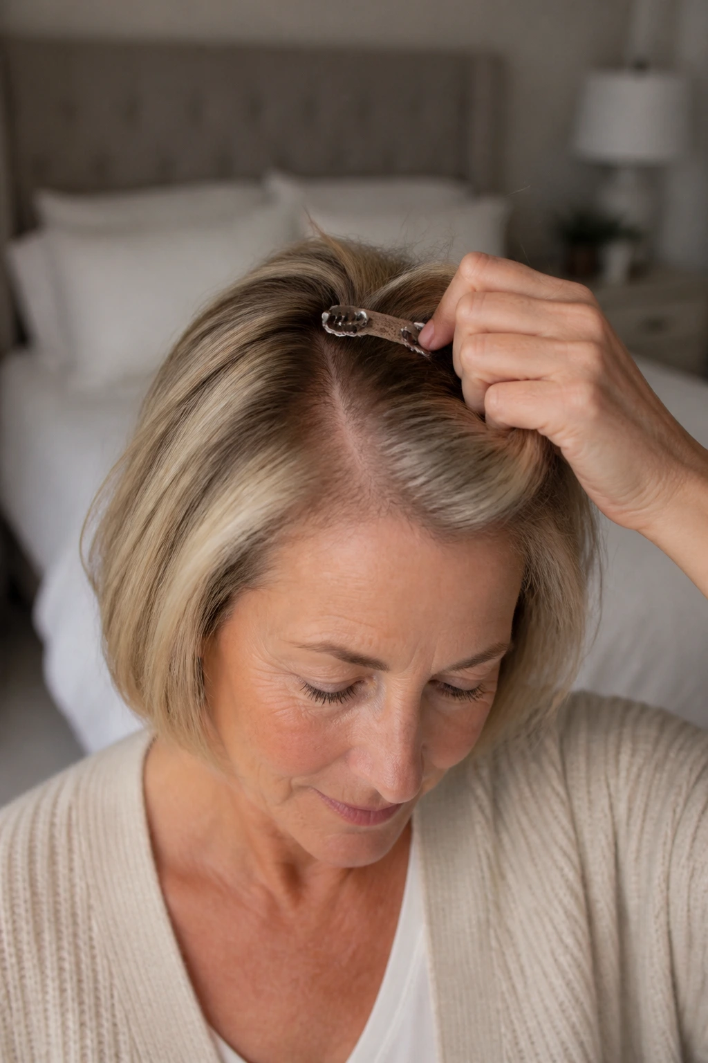 Crown-lift clip-in behind the part lifting the crown on a real woman