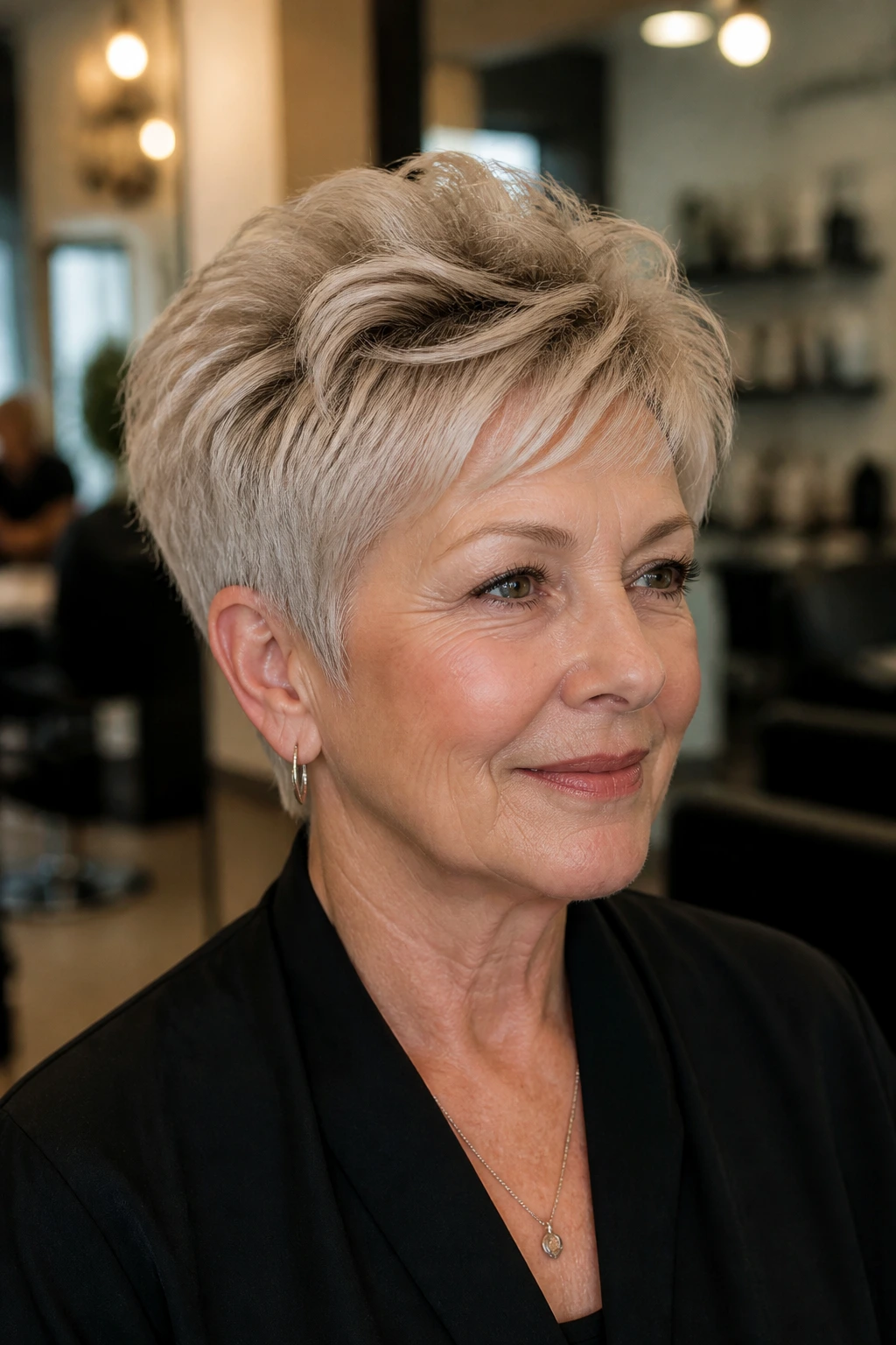 Real woman with crown-lift crop showing lifted crown and short sides in a chic salon