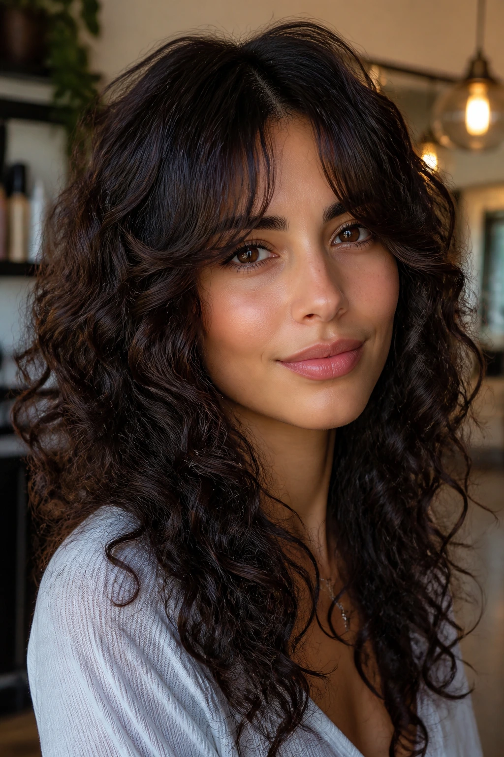 Close-up of a real woman with crown-lifted curls and center-split fringe