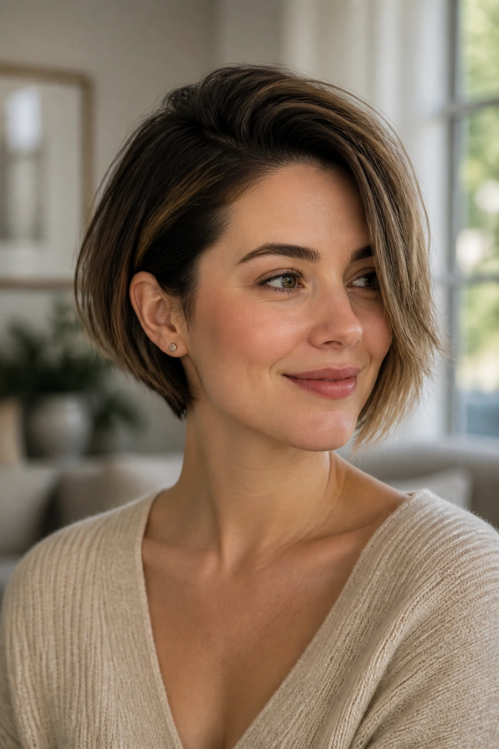 Portrait of a real woman with crown lift and diagonal hairstyle in a bright room.