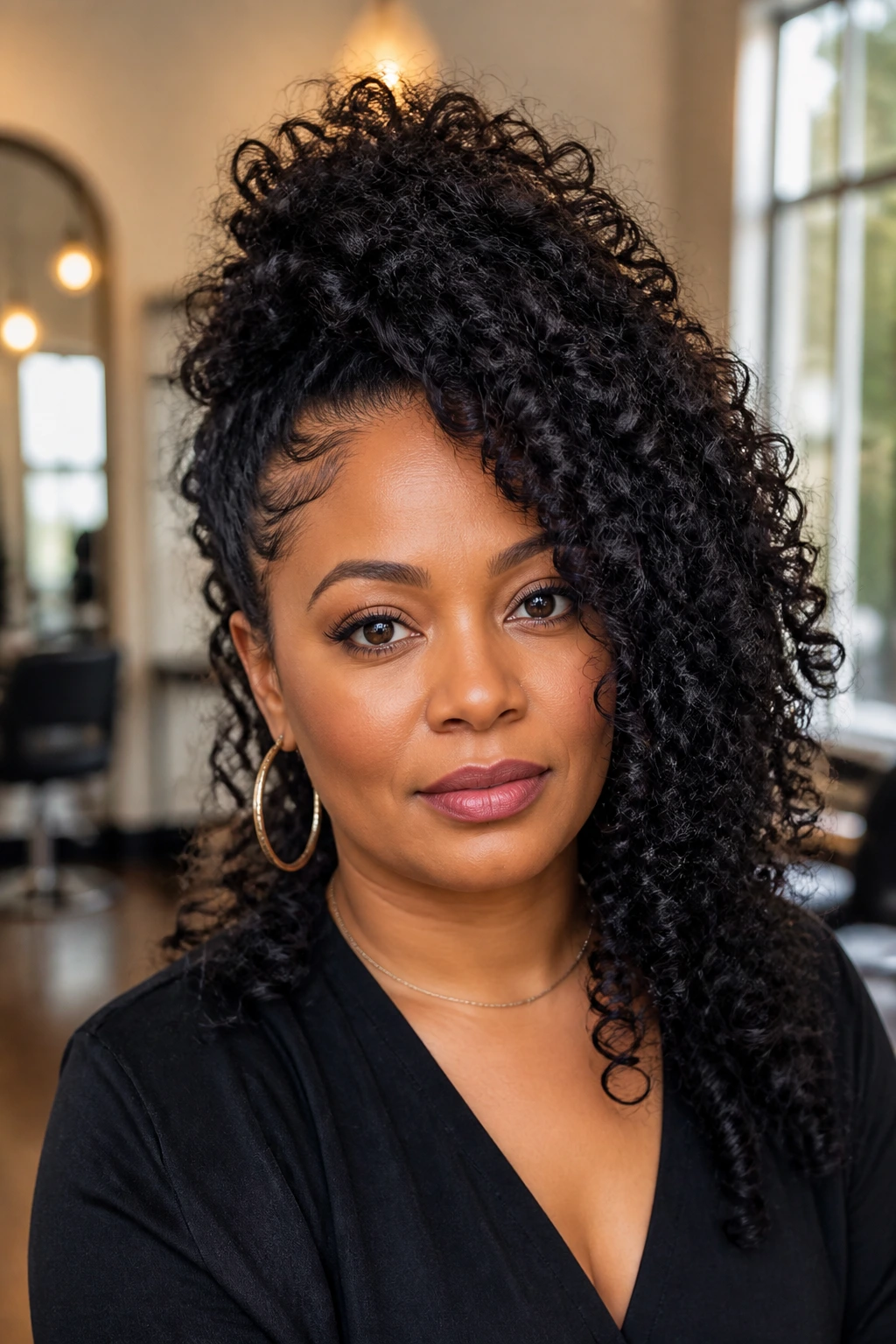 Close-up portrait of a Black woman with crown lift and side-swept curls in a warm salon.
