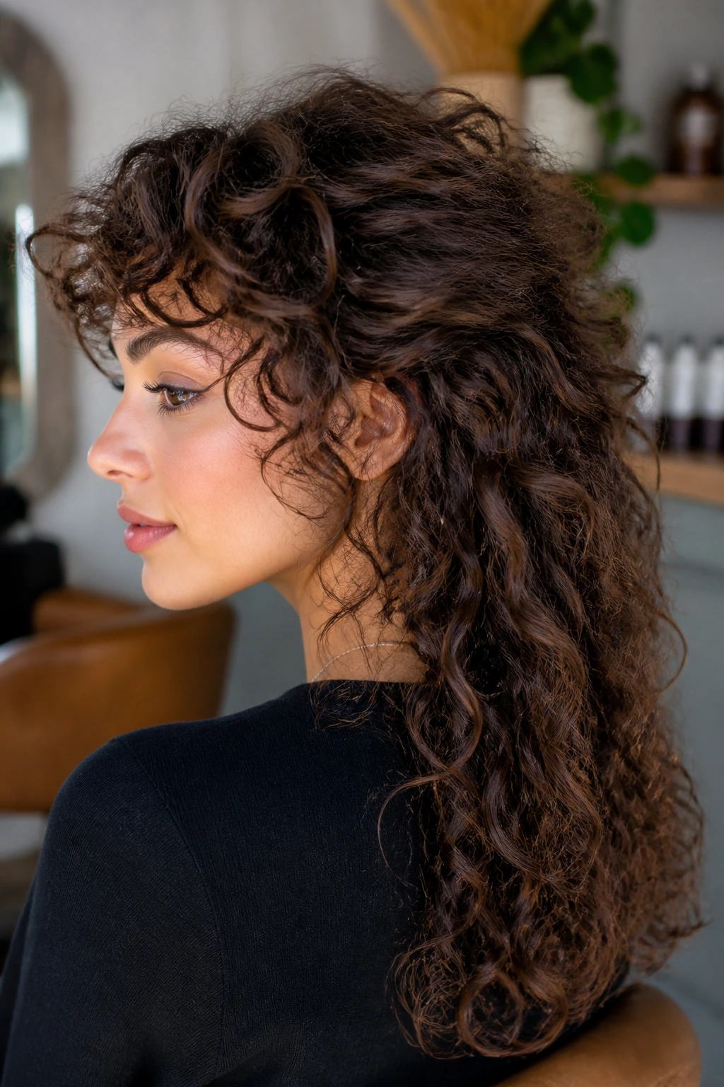 Close-up of crown lift disconnect on a real woman with short crown layer and long back curls.