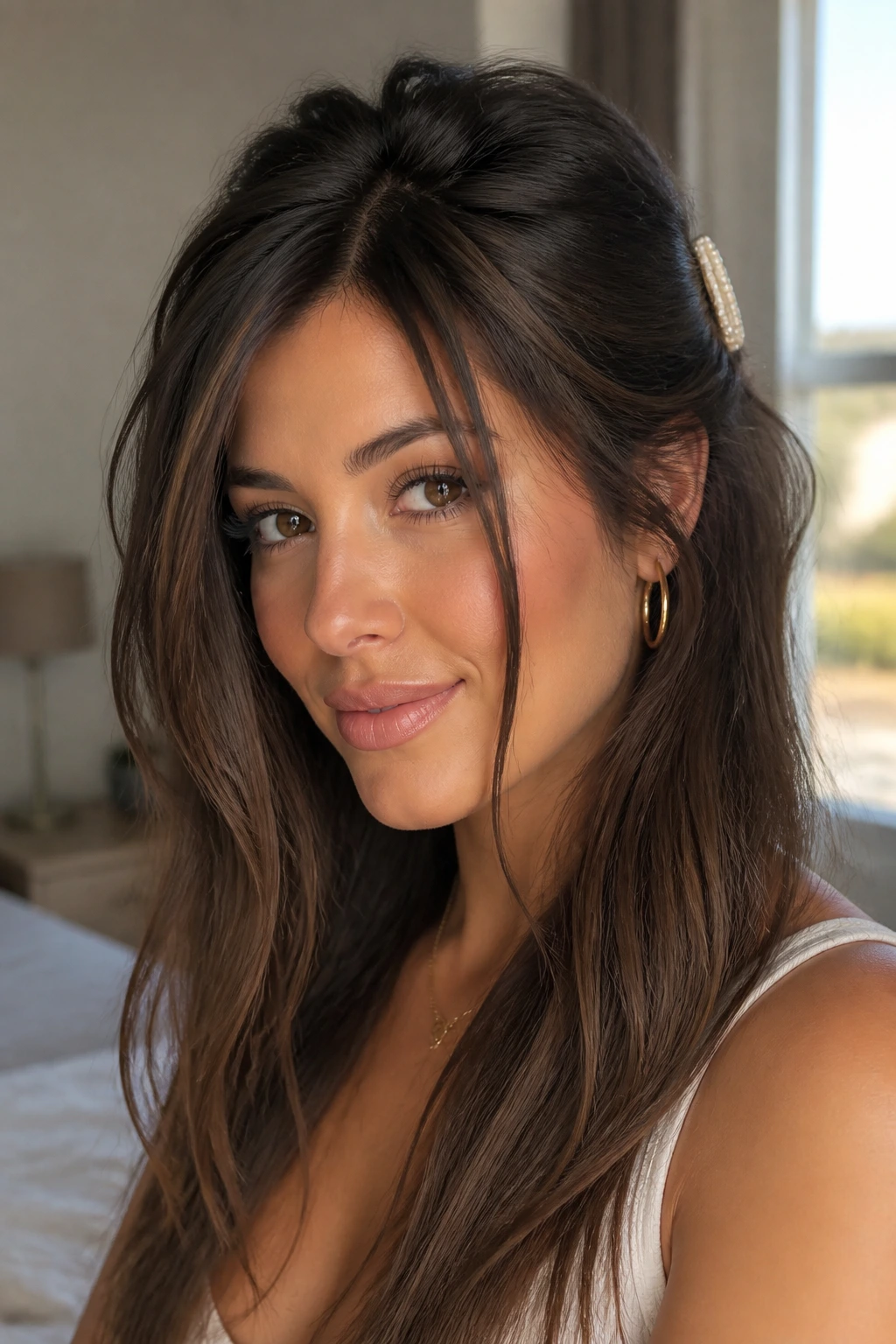 Close-up portrait of a real woman with long hair showing crown lift and face-framing pieces in a softly lit bedroom